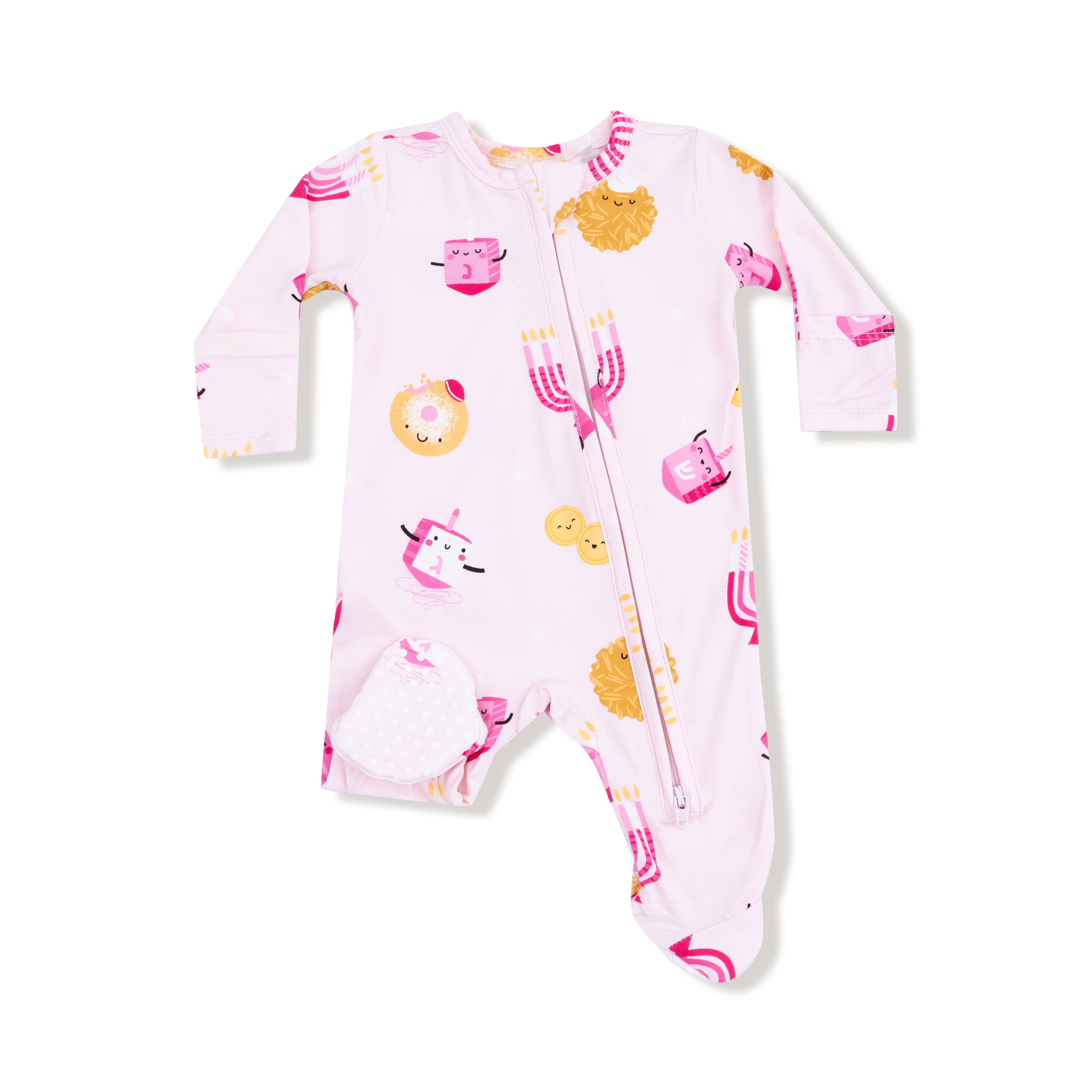 2 Way Zipper Ruffle Back Footie in our  Hanukkah - Pink print from Angel Dear