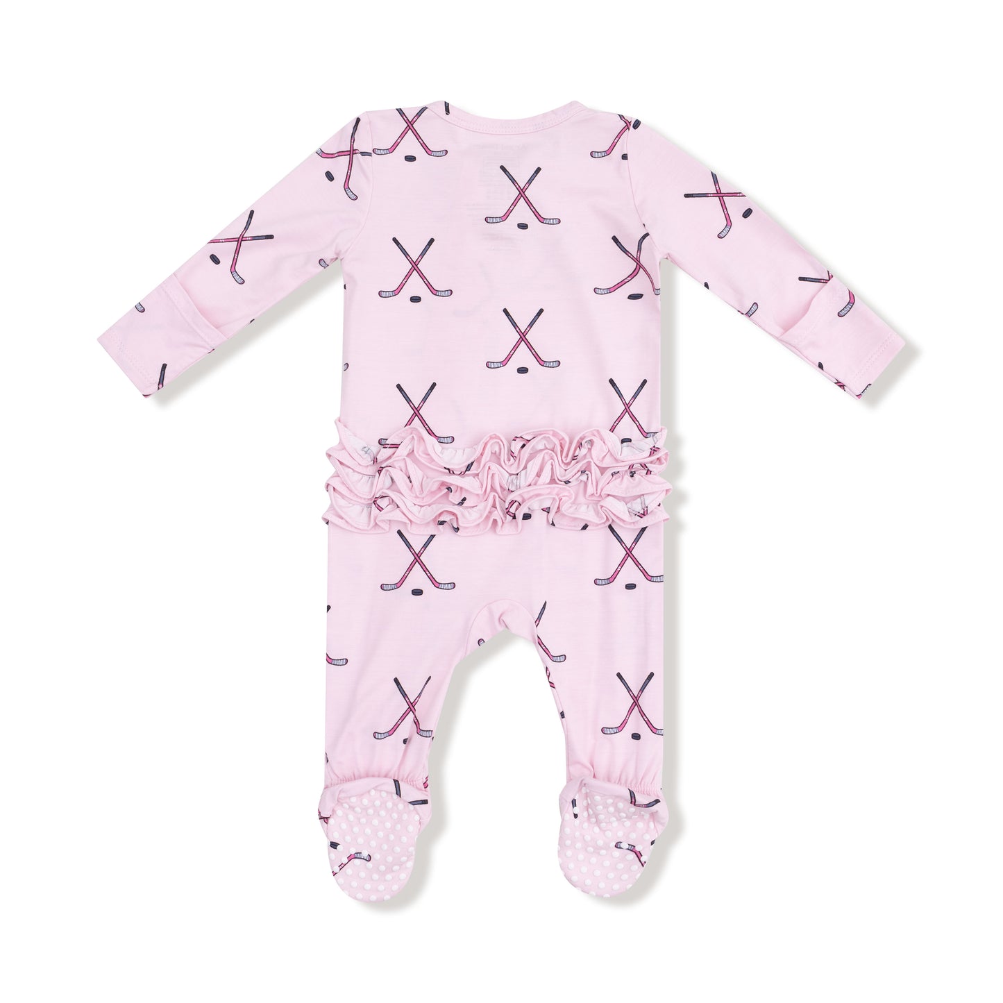 2 Way Zipper Ruffle Back Footie in our  Hockey - Pink print from Angel Dear