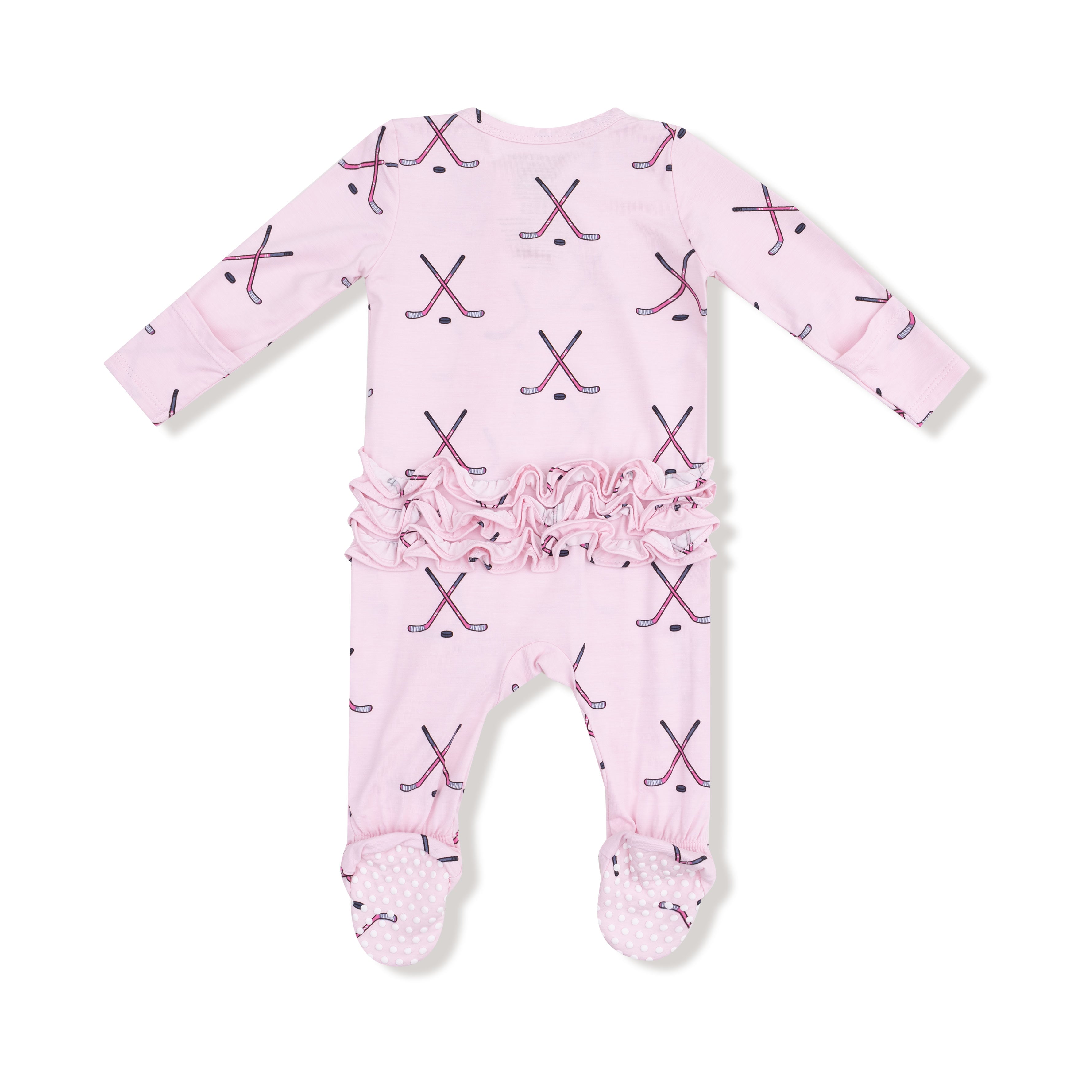 2 Way Zipper Ruffle Back Footie in our  Hockey - Pink print from Angel Dear