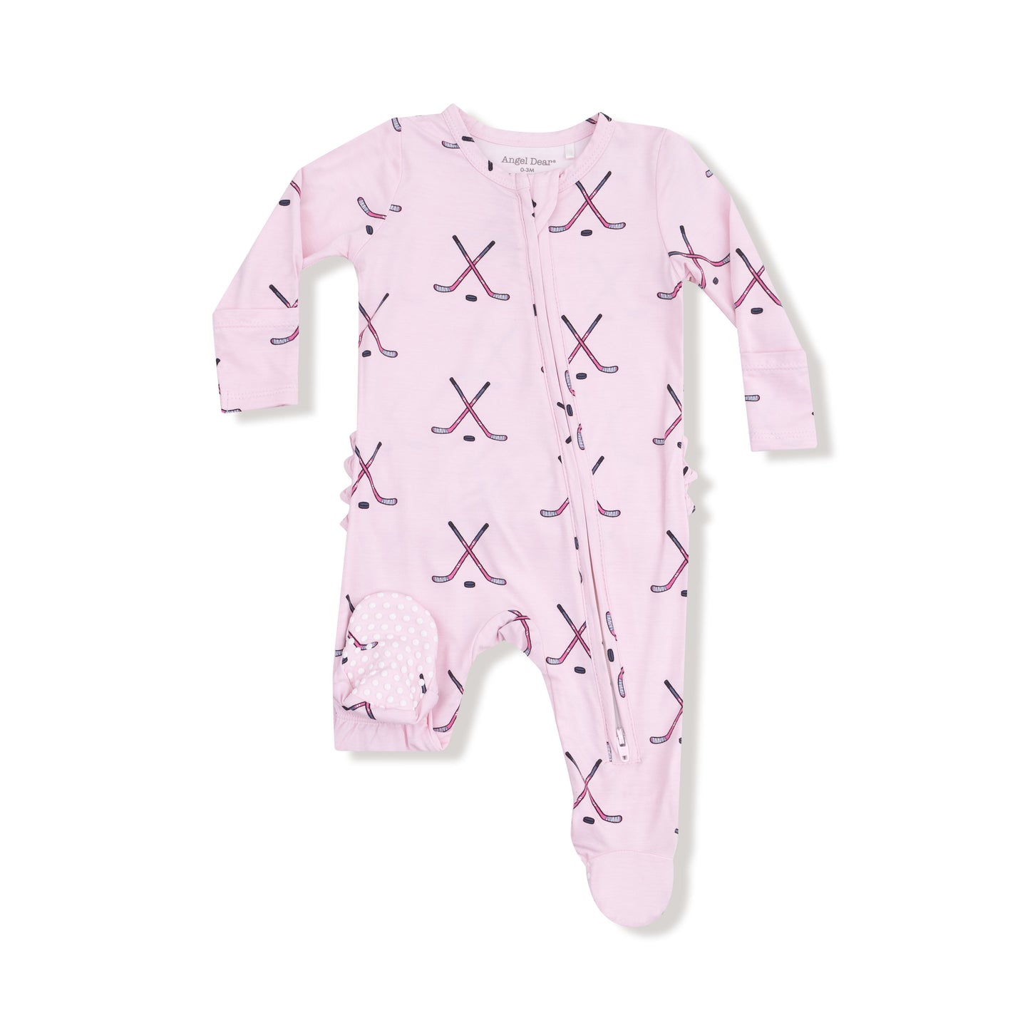2 Way Zipper Ruffle Back Footie in our  Hockey - Pink print from Angel Dear