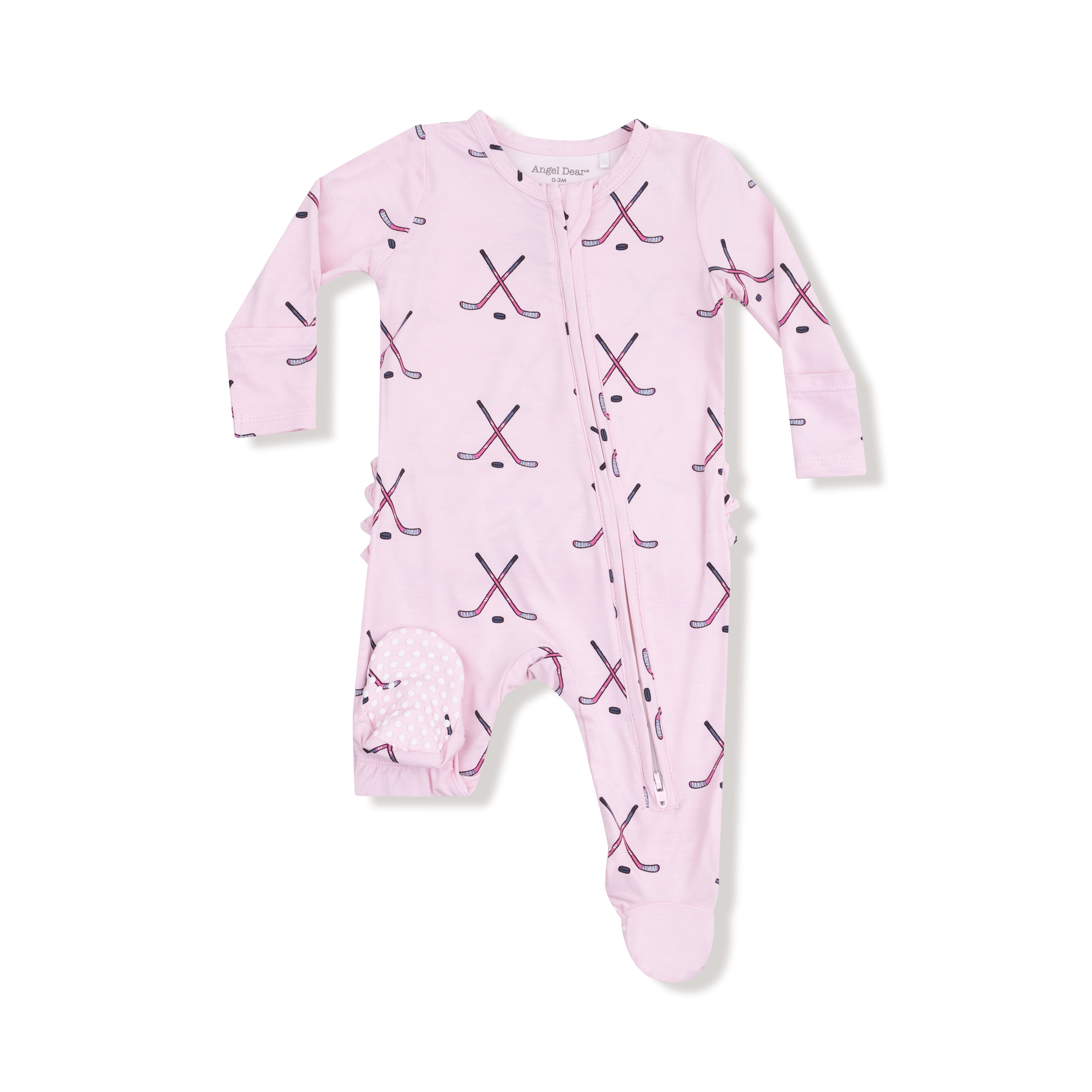 2 Way Zipper Ruffle Back Footie in our  Hockey - Pink print from Angel Dear