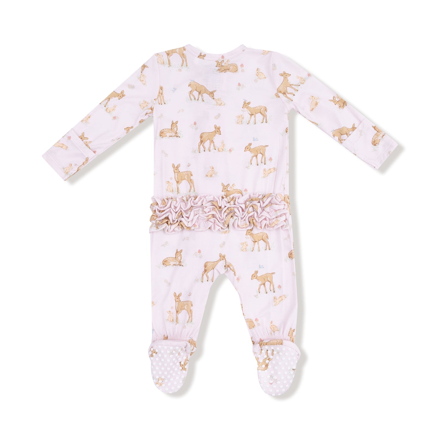 2 Way Zipper Ruffle Back Footie in our  Little Fawn print from Angel Dear