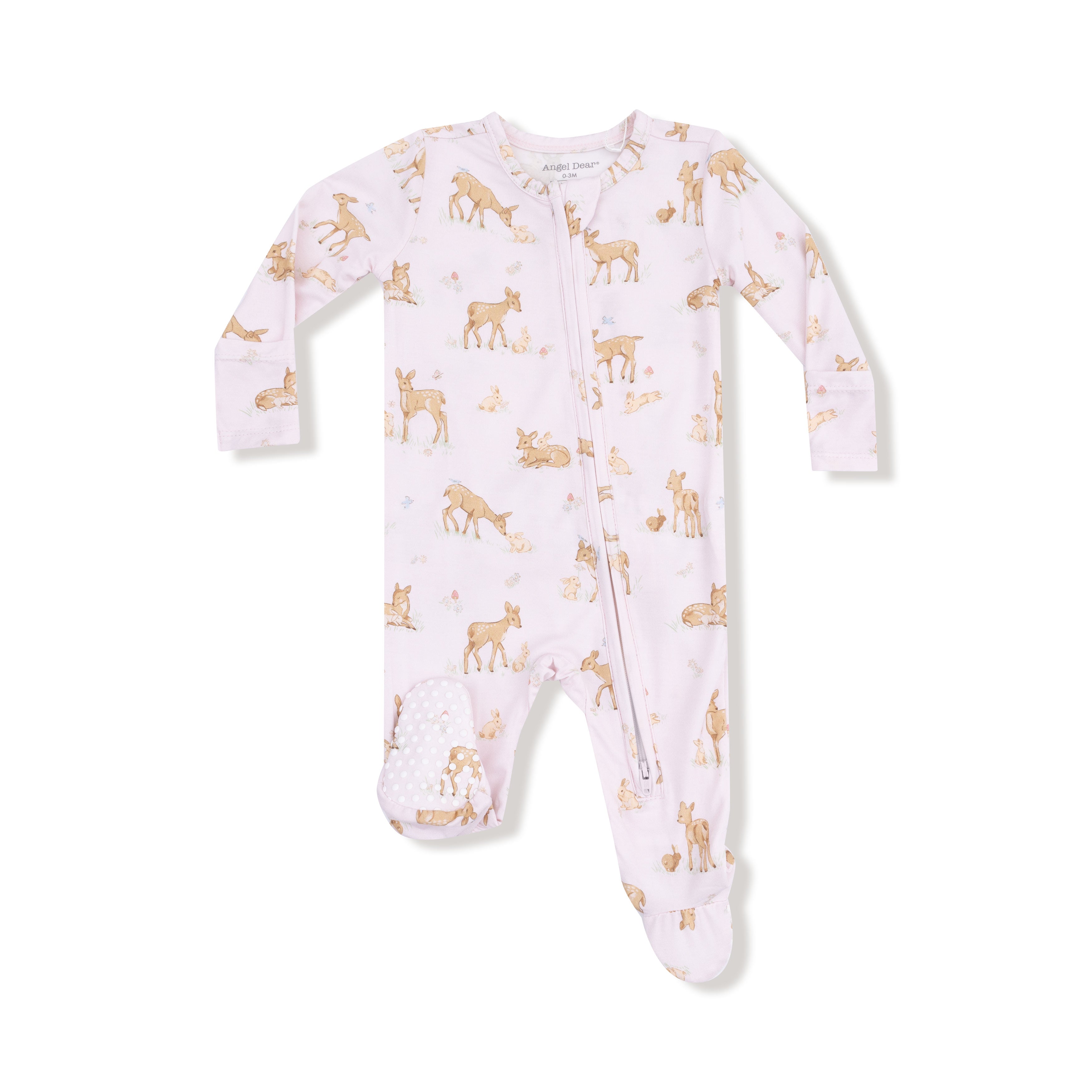 2 Way Zipper Ruffle Back Footie in our  Little Fawn print from Angel Dear