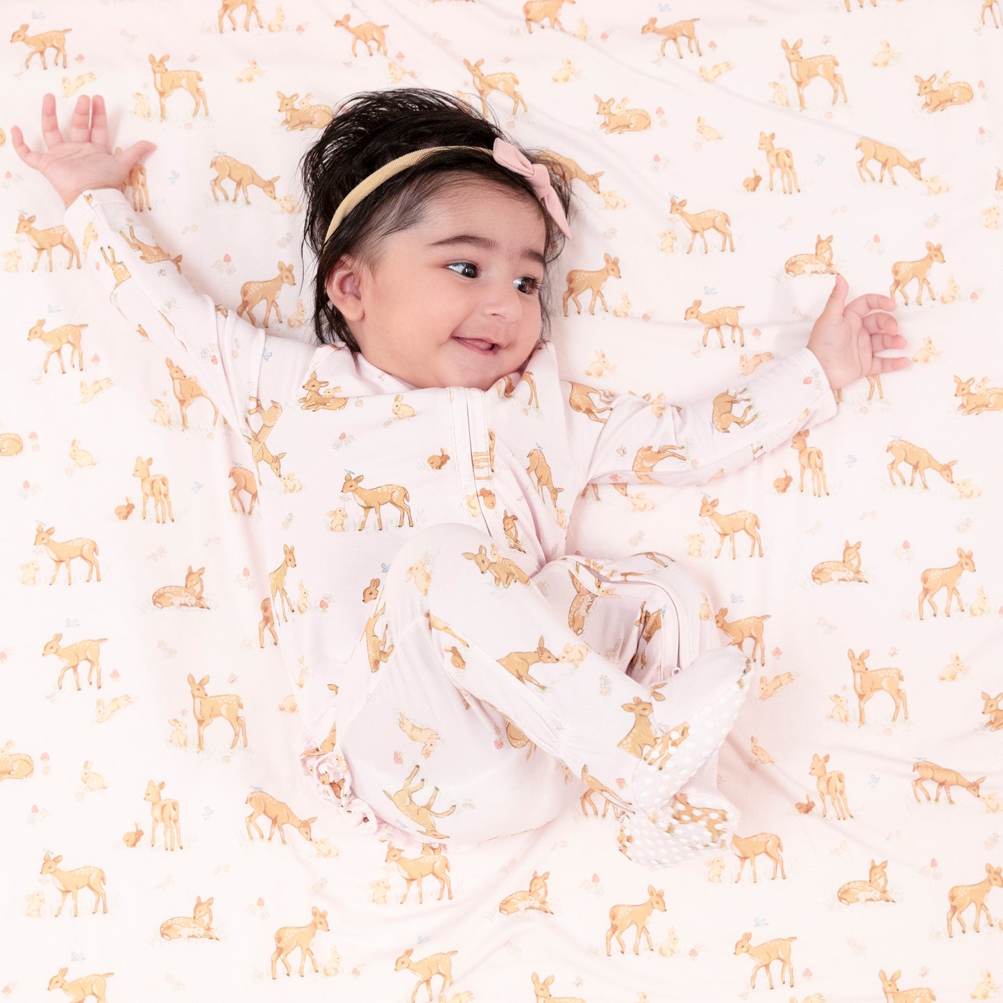 2 Way Zipper Ruffle Back Footie in our  Little Fawn print from Angel Dear