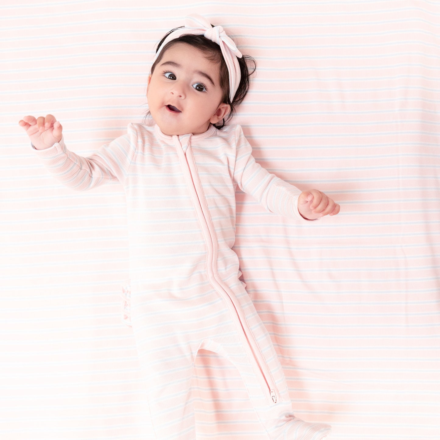 2 Way Zipper Ruffle Back Footie in our Multi Stripe - Pink print from Angel Dear