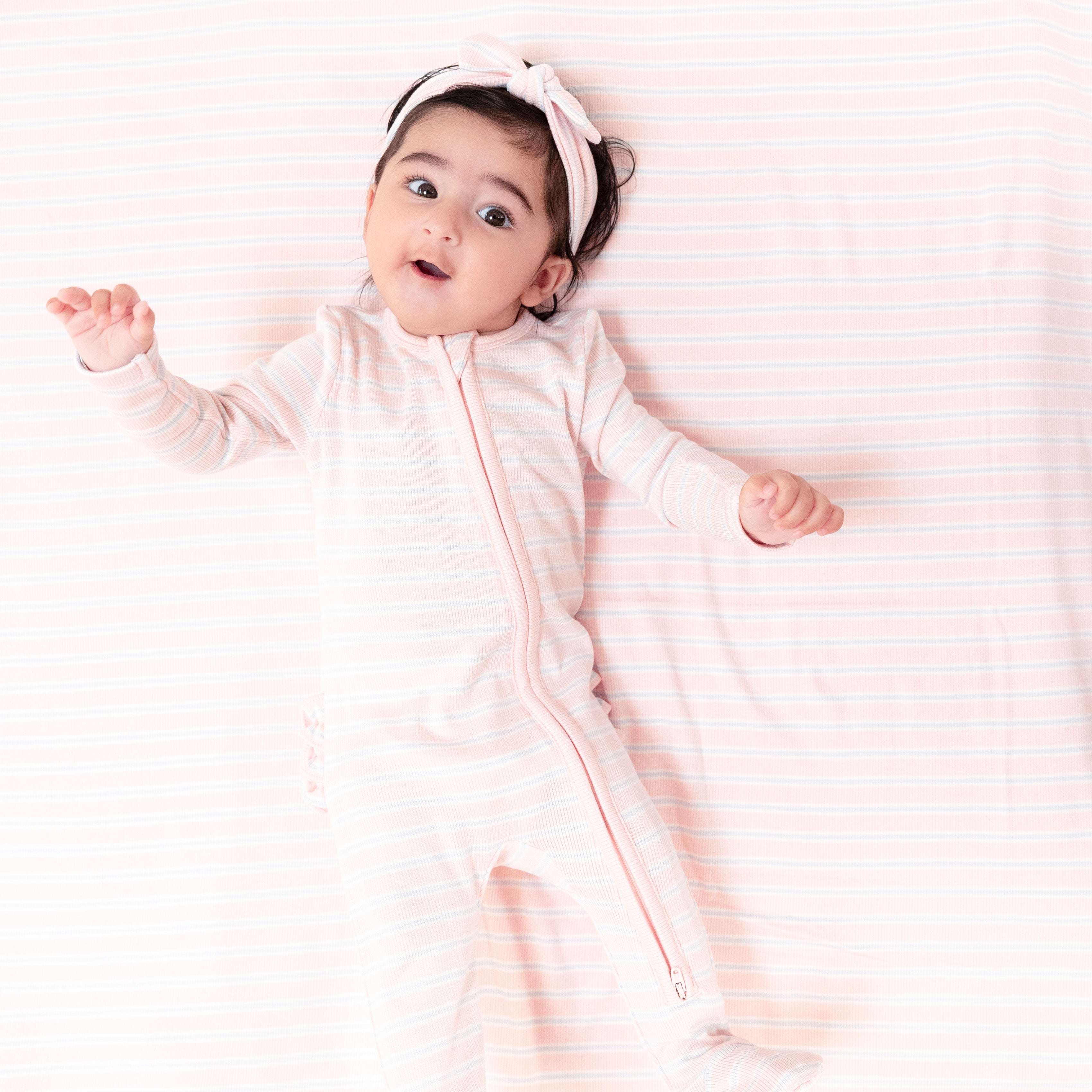 2 Way Zipper Ruffle Back Footie in our Multi Stripe - Pink print from Angel Dear