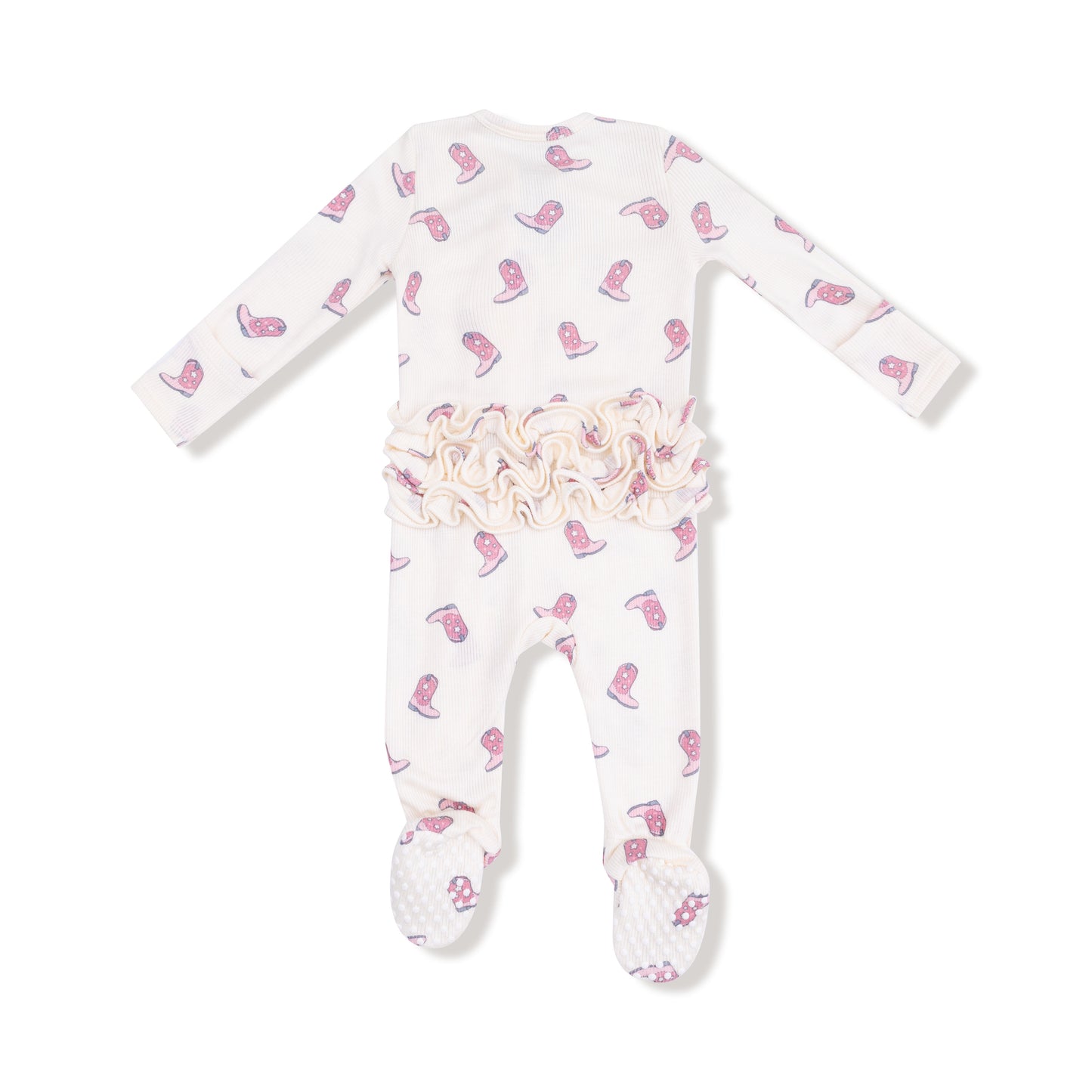 2 Way Zipper Ruffle Back Footie in our  Petite Cowgirl Boots print from Angel Dear