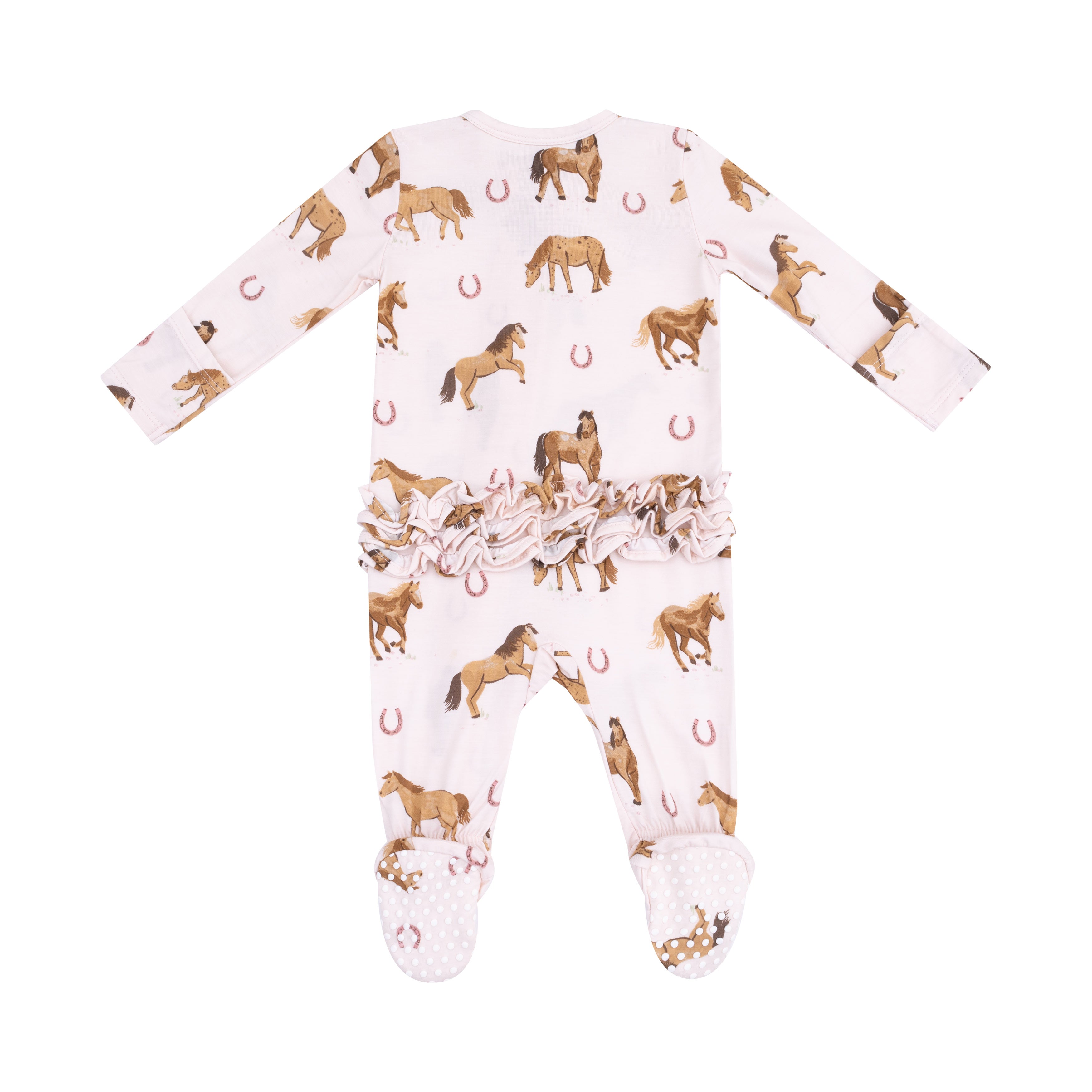 2 Way Zipper Ruffle Back Footie in our  Horses - Pink print from Angel Dear