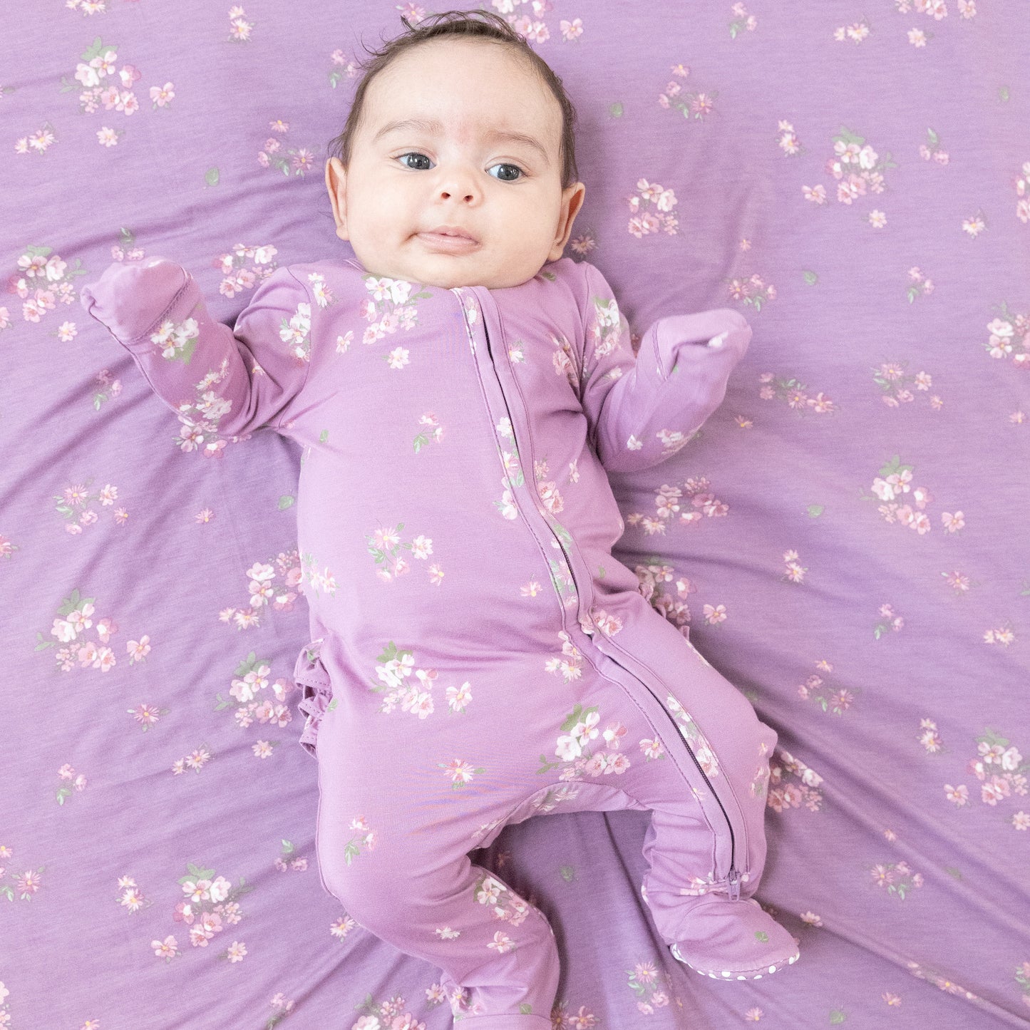 2 Way Zipper Ruffle Back Footie in our  Woodsorrel print from Angel Dear