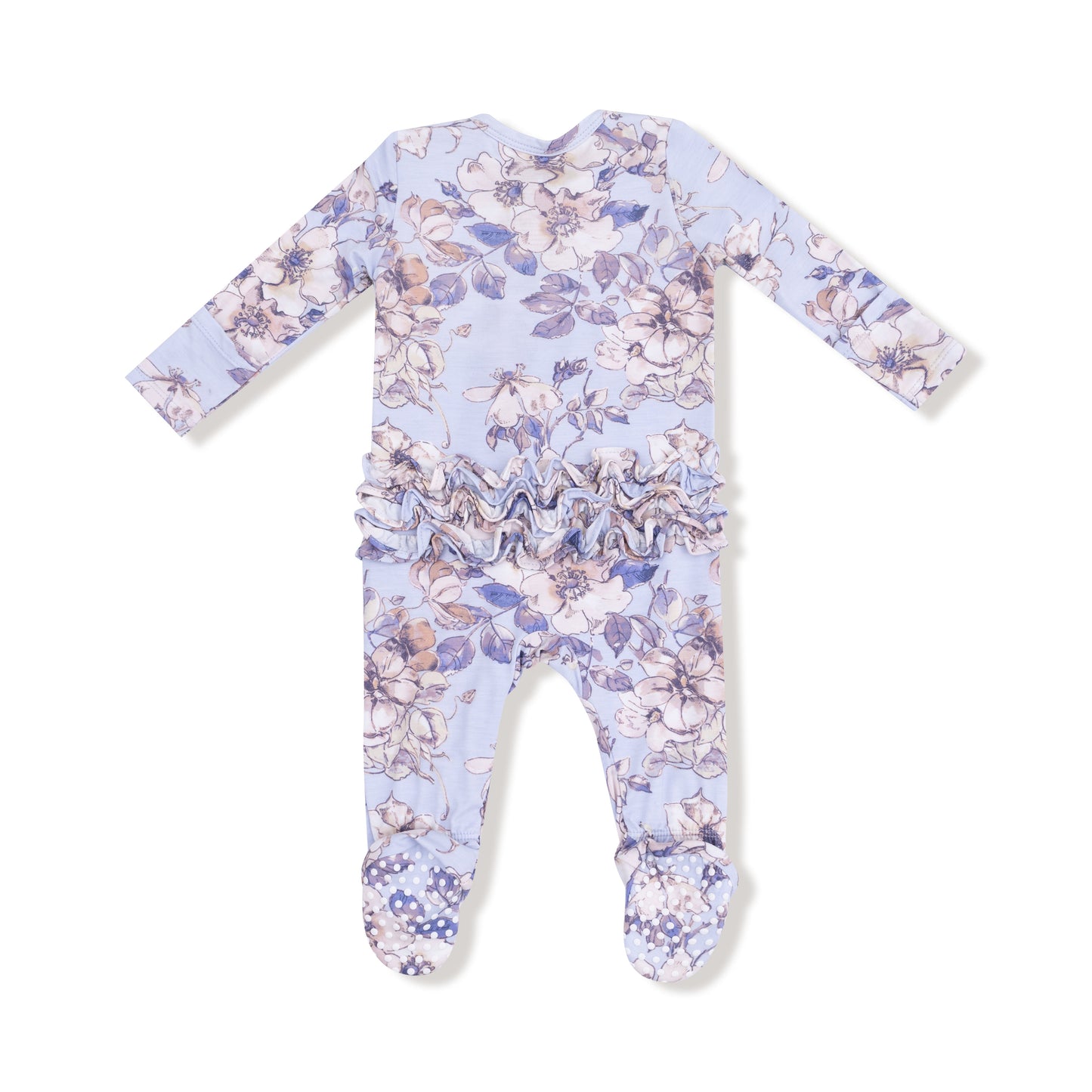 2 Way Zipper Ruffle Back Footie in our  Woodrose - Peri print from Angel Dear