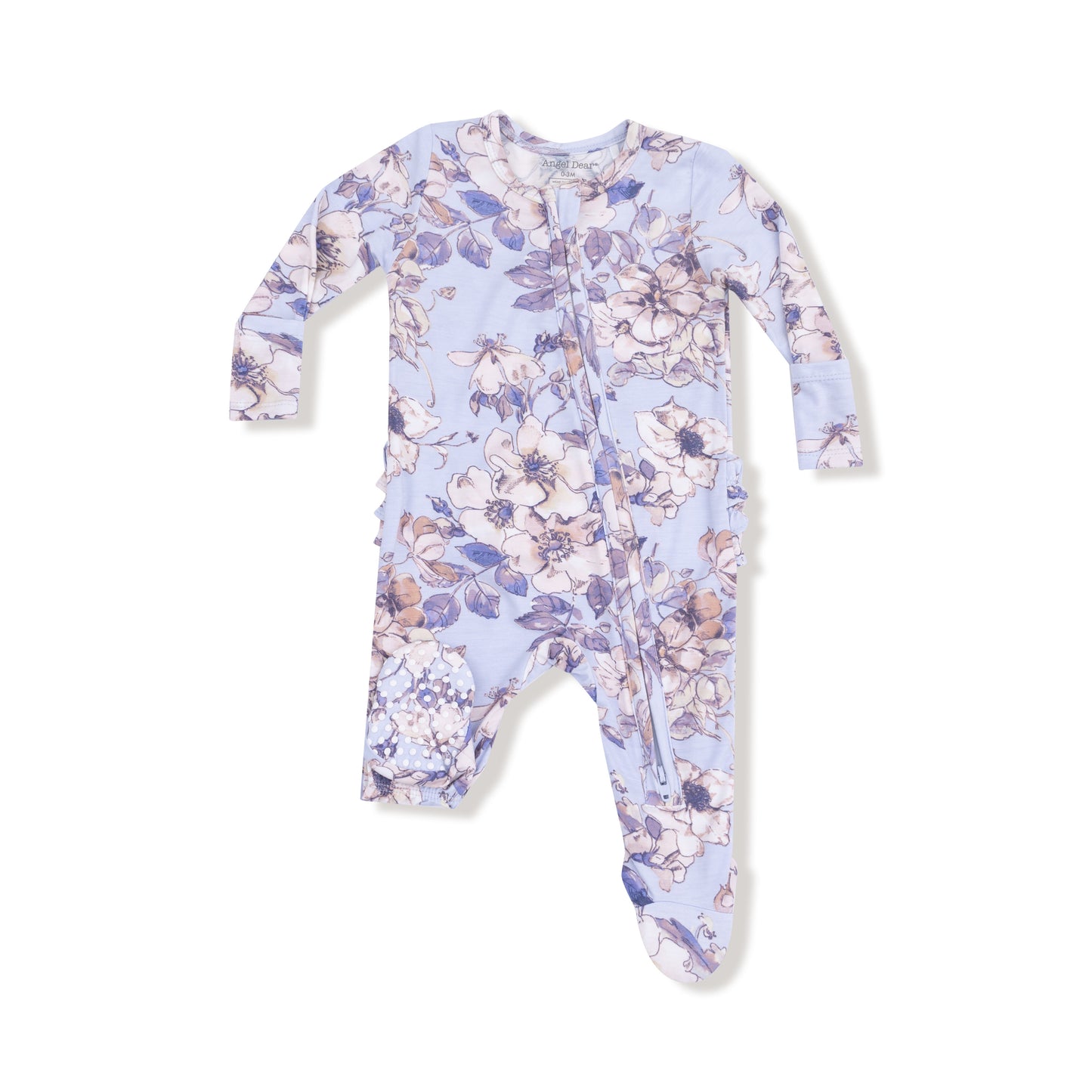 2 Way Zipper Ruffle Back Footie in our  Woodrose - Peri print from Angel Dear