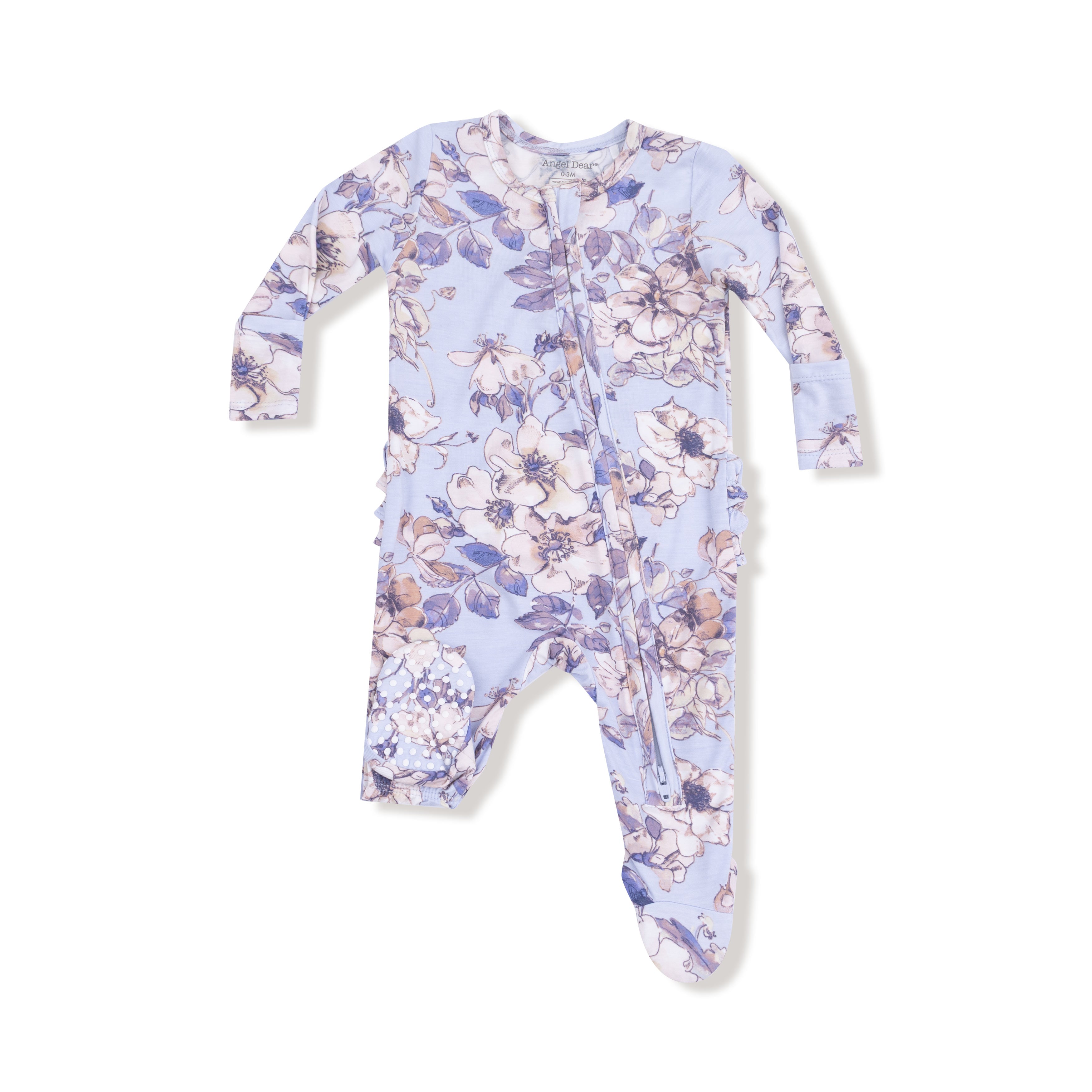2 Way Zipper Ruffle Back Footie in our  Woodrose - Peri print from Angel Dear