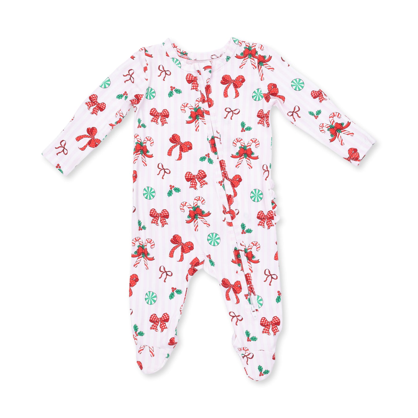 Bows & Candy Canes - 2 Way Ruffle Back Zipper Footie