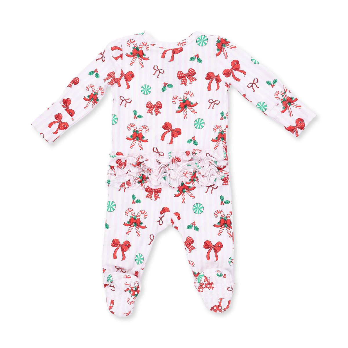 Bows & Candy Canes - 2 Way Ruffle Back Zipper Footie