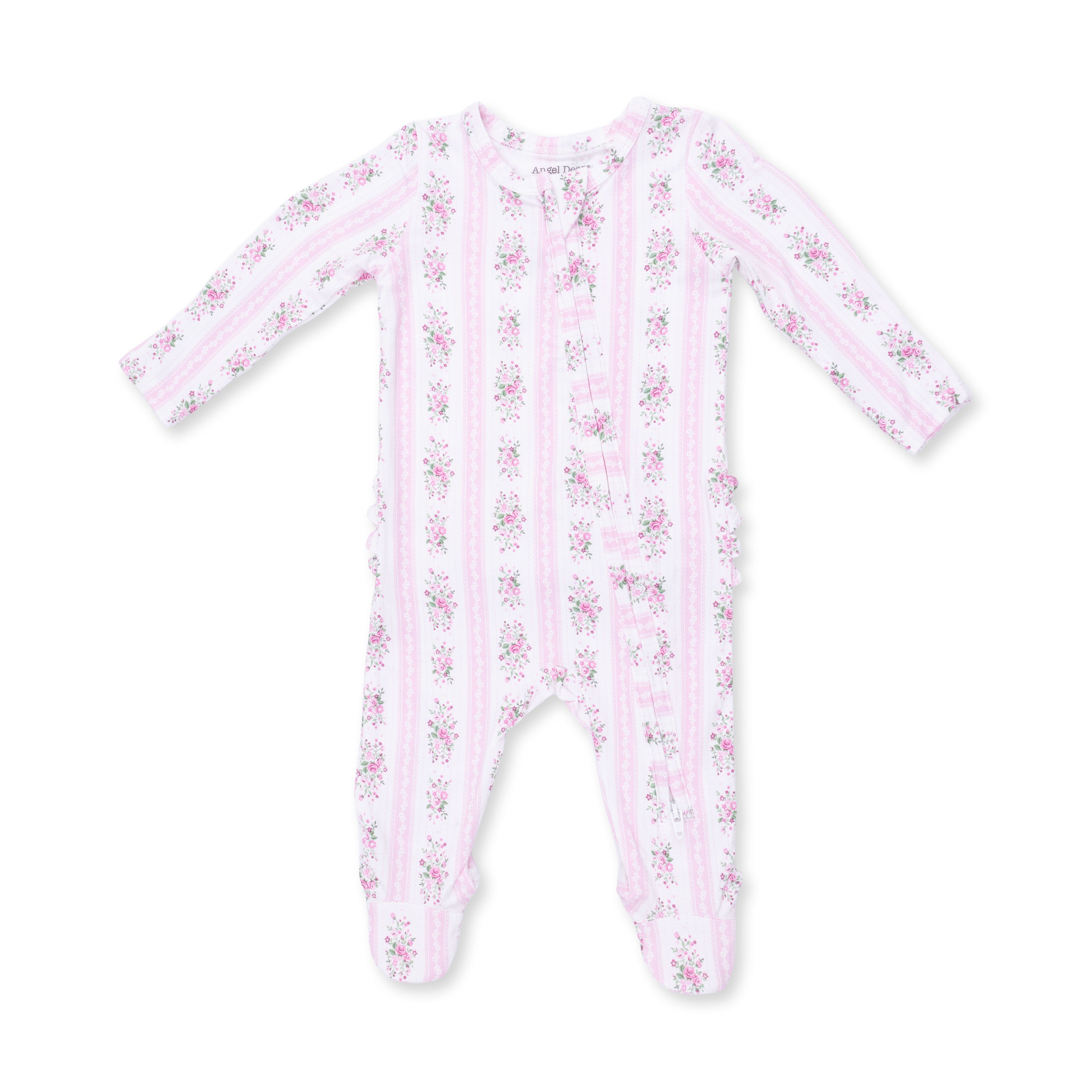 Bella Rose Stripe - 2 Way Ruffle Back Zipper Footie