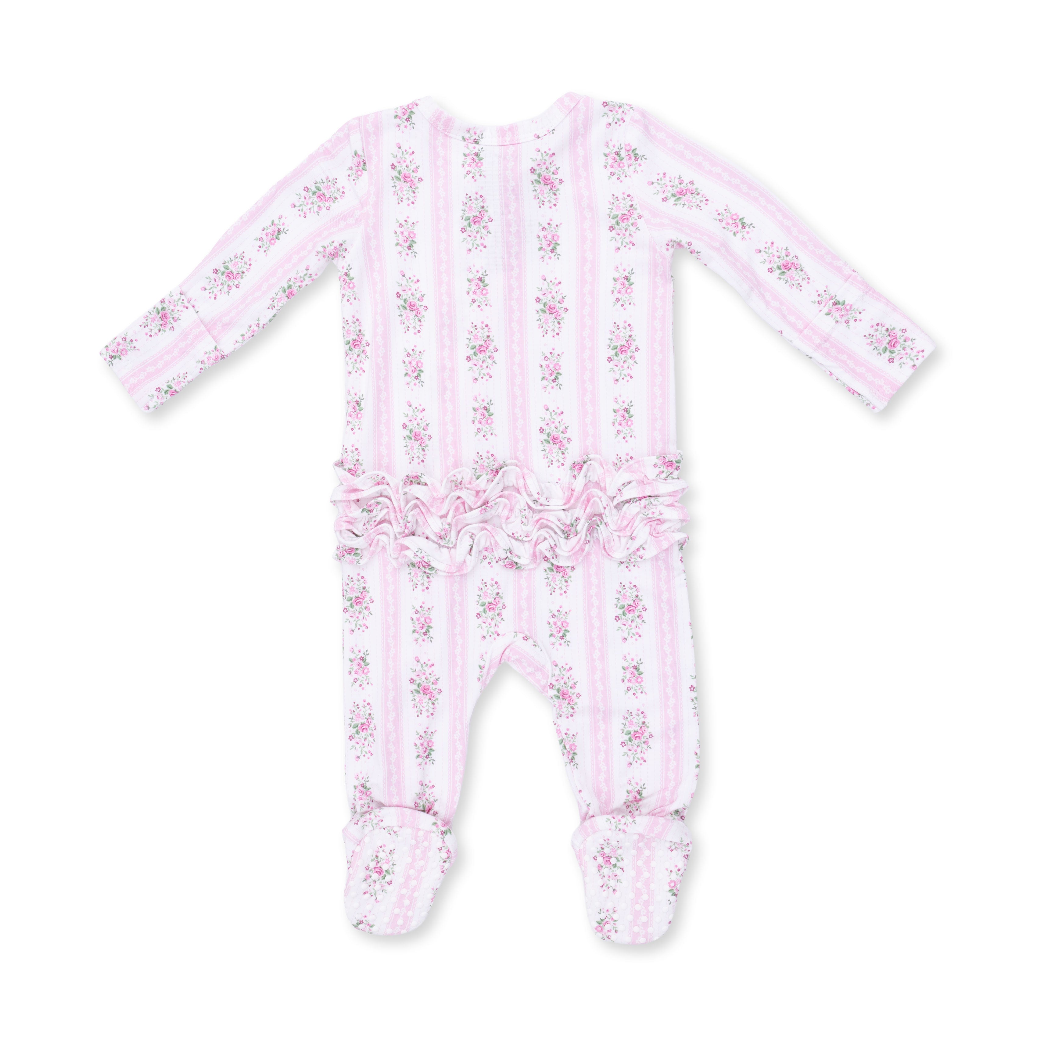 Bella Rose Stripe - 2 Way Ruffle Back Zipper Footie