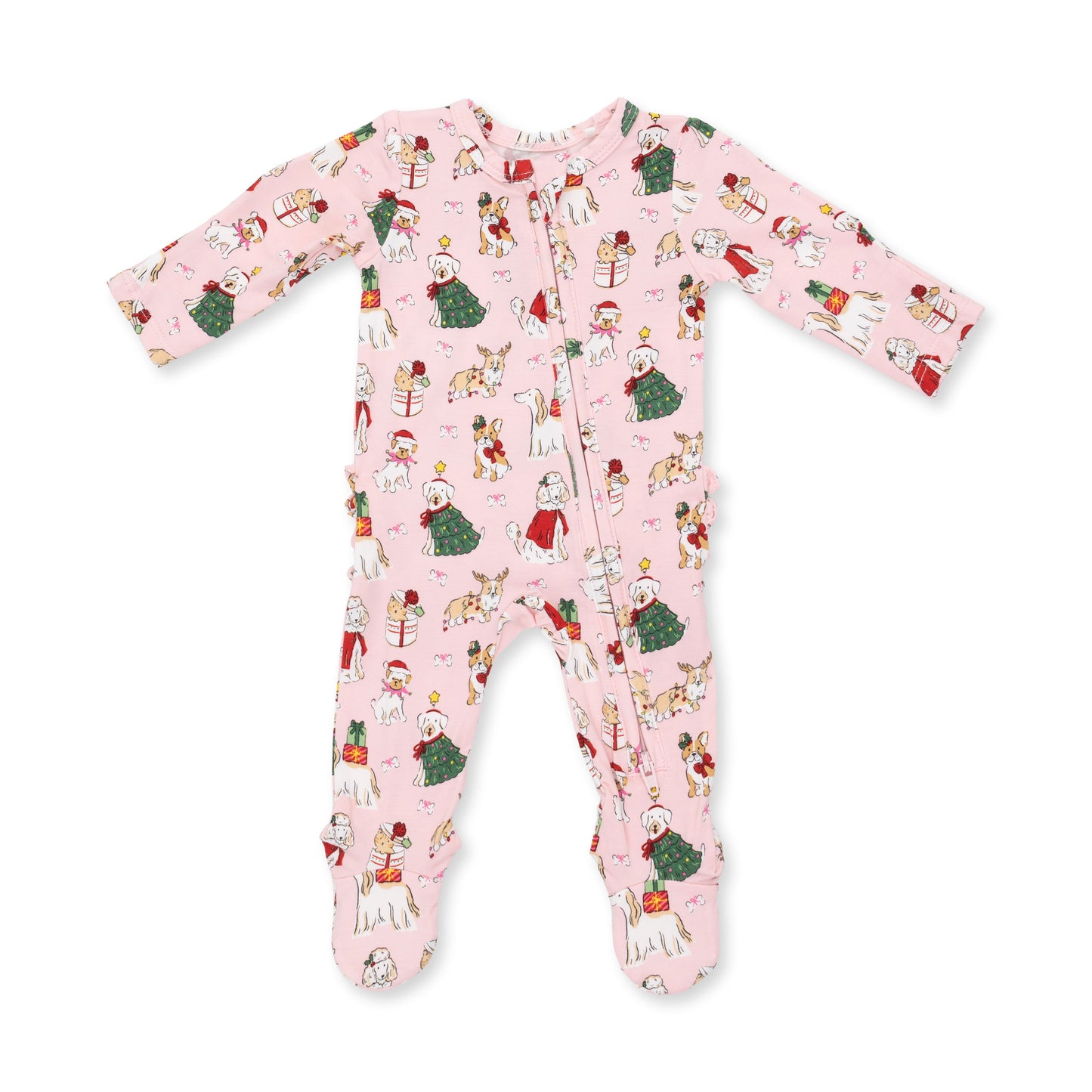 Christmas Dogs Pink - 2 Way Ruffle Back Zipper Footie