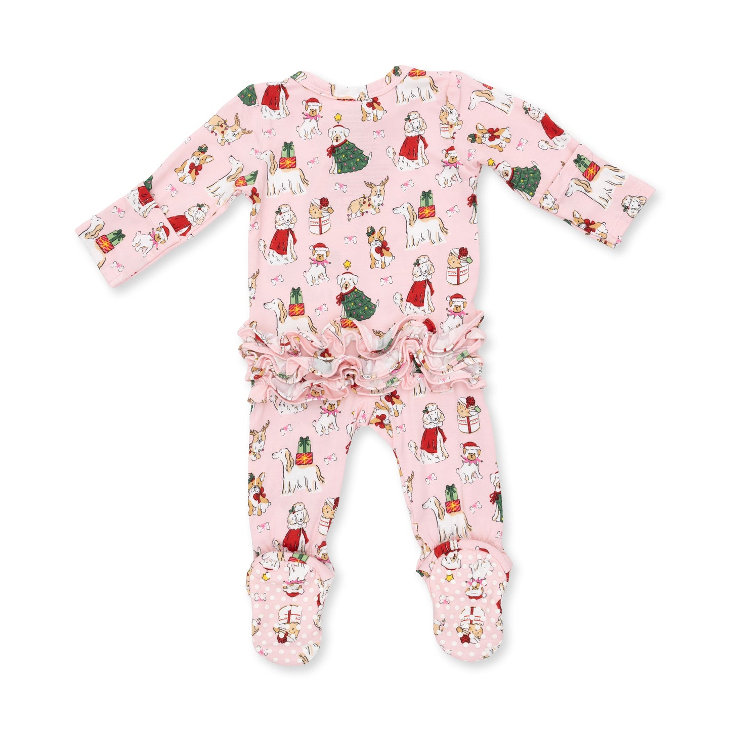 Christmas Dogs Pink - 2 Way Ruffle Back Zipper Footie