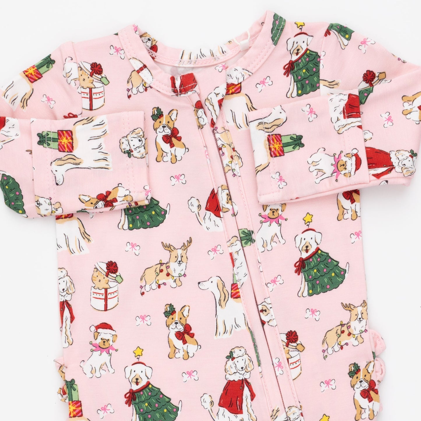 Christmas Dogs Pink - 2 Way Ruffle Back Zipper Footie