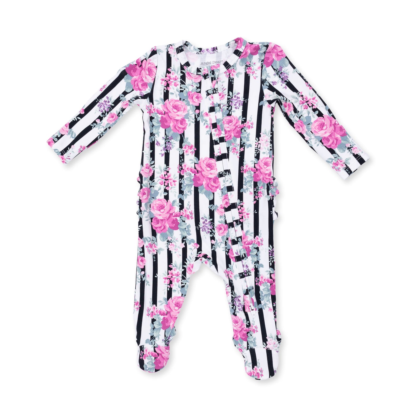 Cabbage Rose Stripe - 2 Way Ruffle Back Zipper Footie
