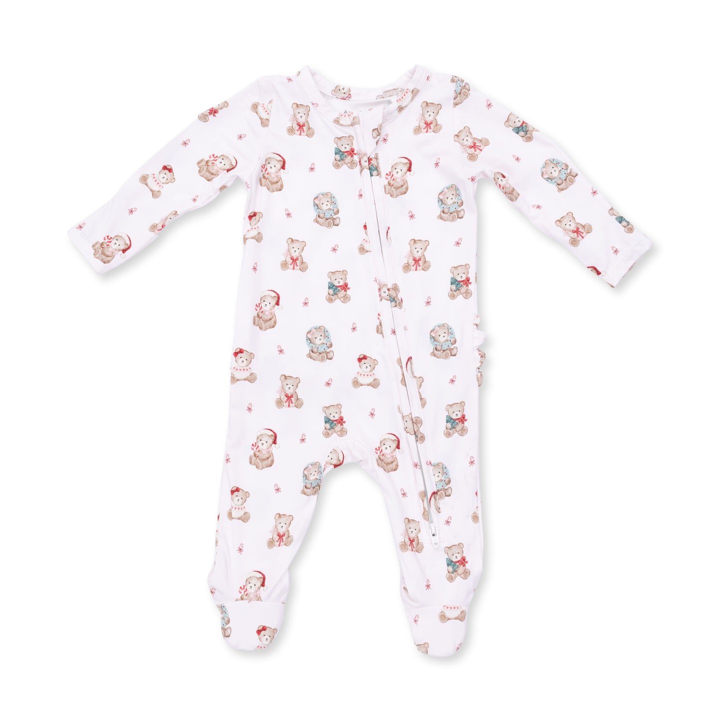Christmas Teddy Bears Pink - 2 Way Ruffle Back Zipper Footie