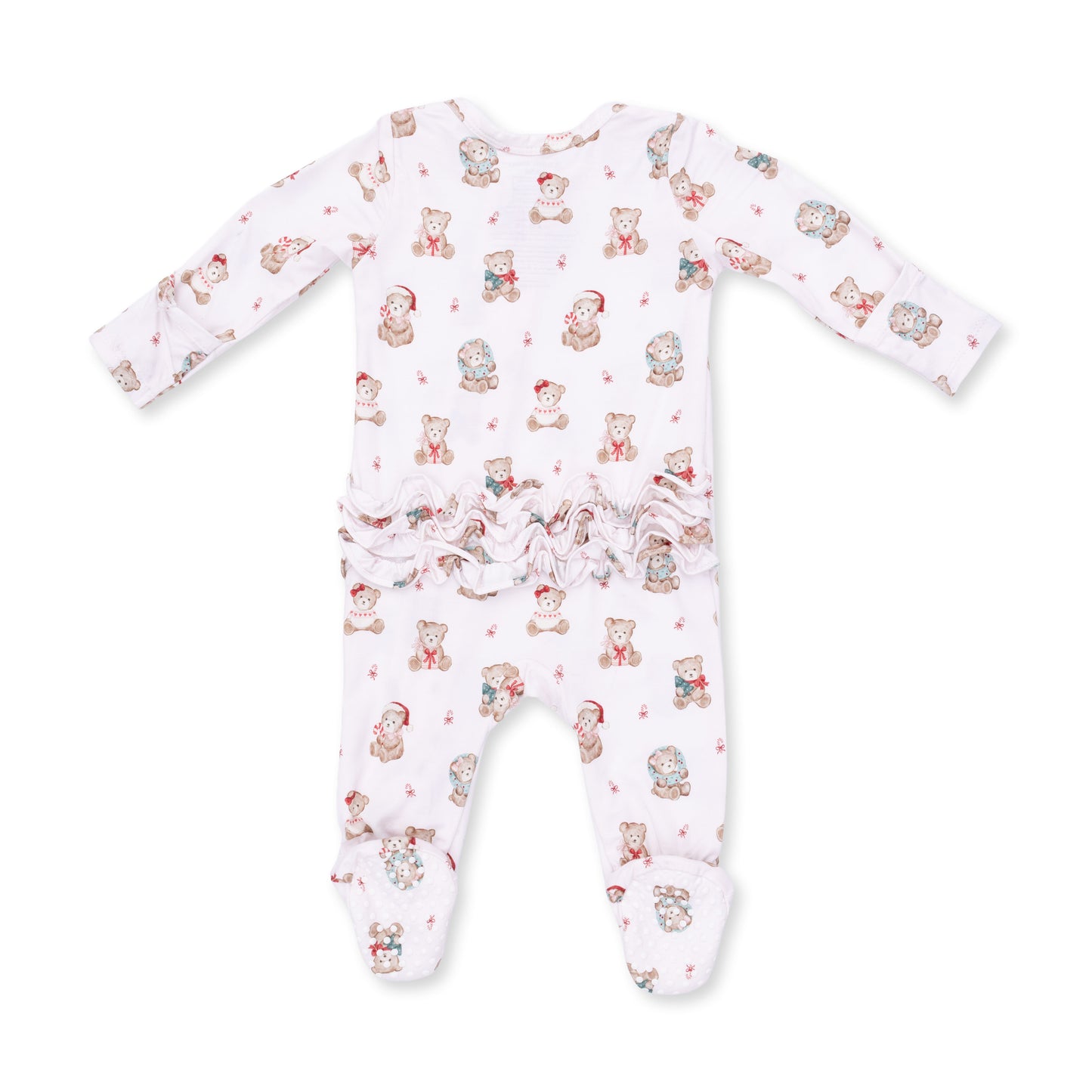 Christmas Teddy Bears Pink - 2 Way Ruffle Back Zipper Footie