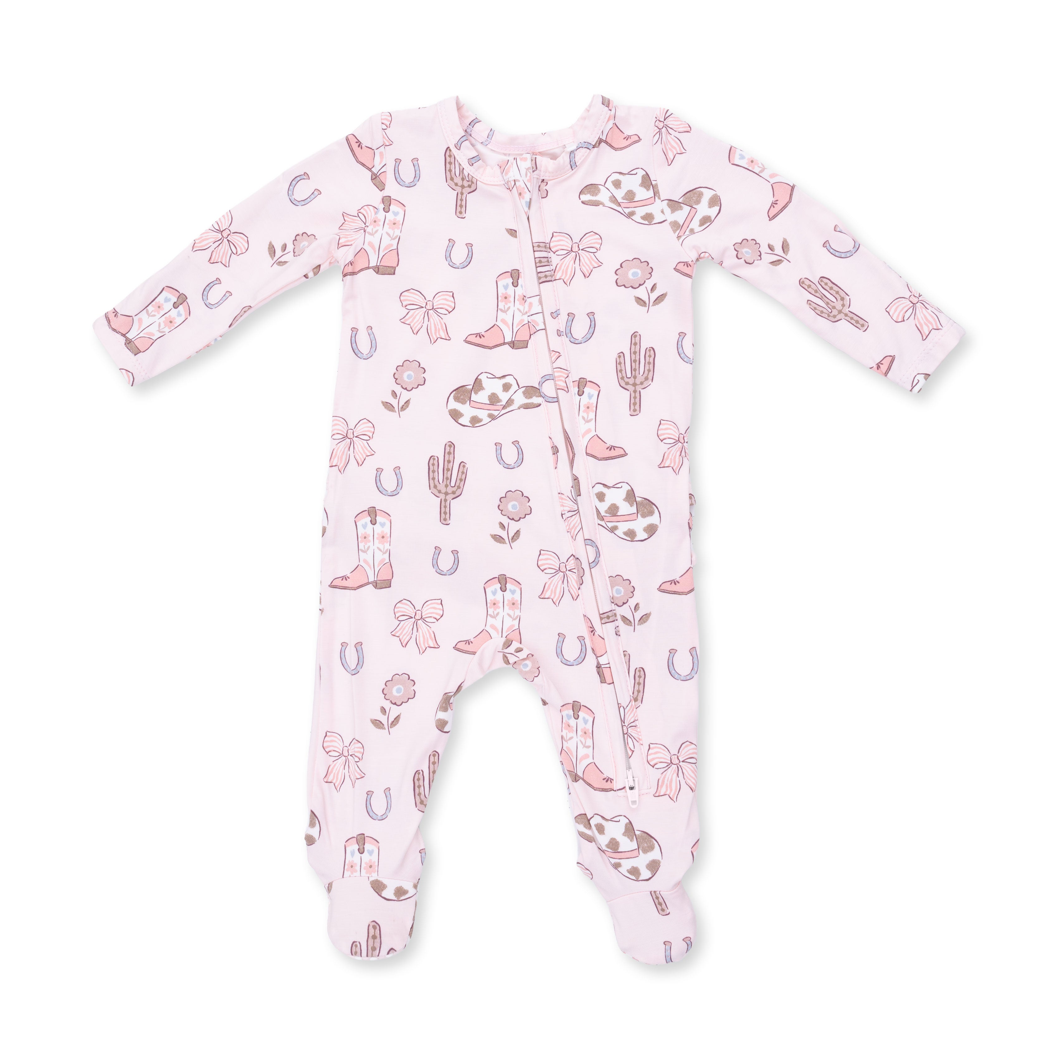Cowgirl Boots and Bows - 2 Way Ruffle Back Zipper Footie