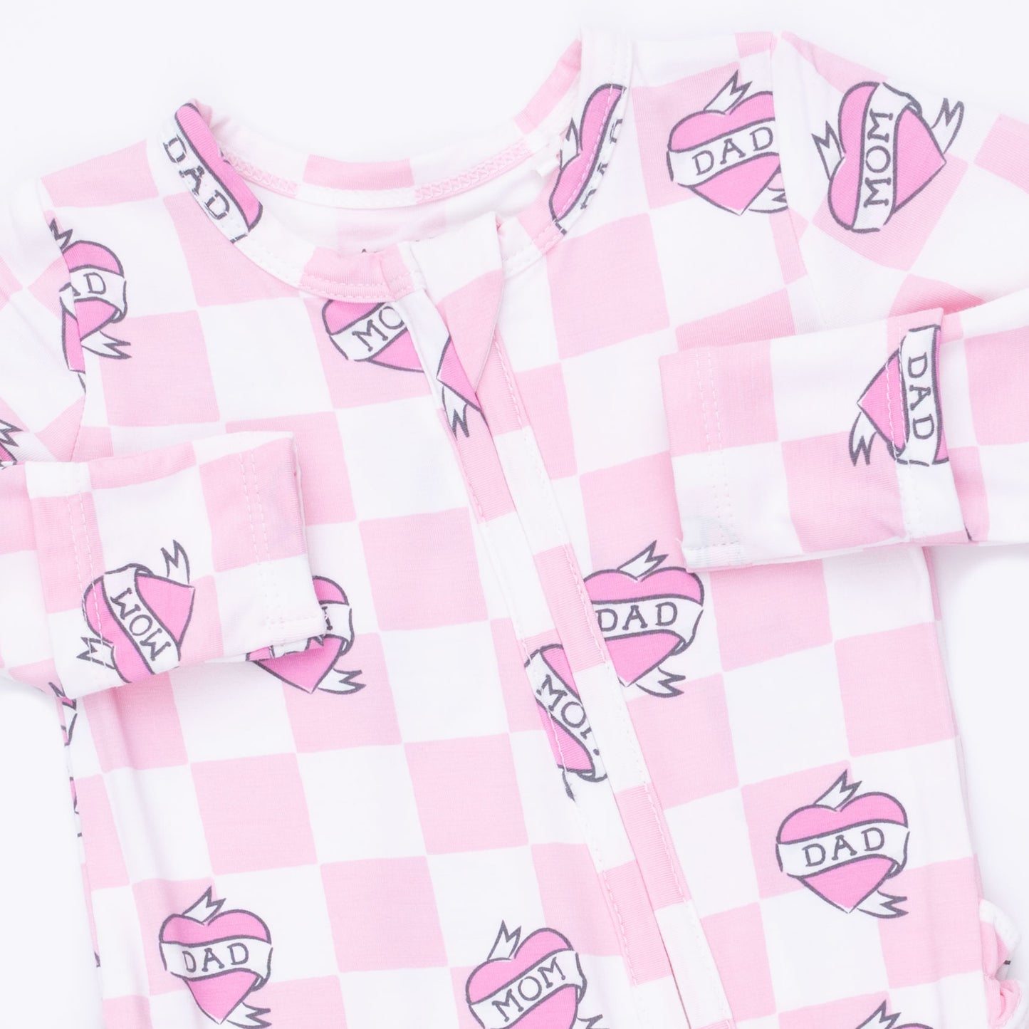 Heart Tattoo Check Pink - 2 Way Ruffle Back Zipper Footie