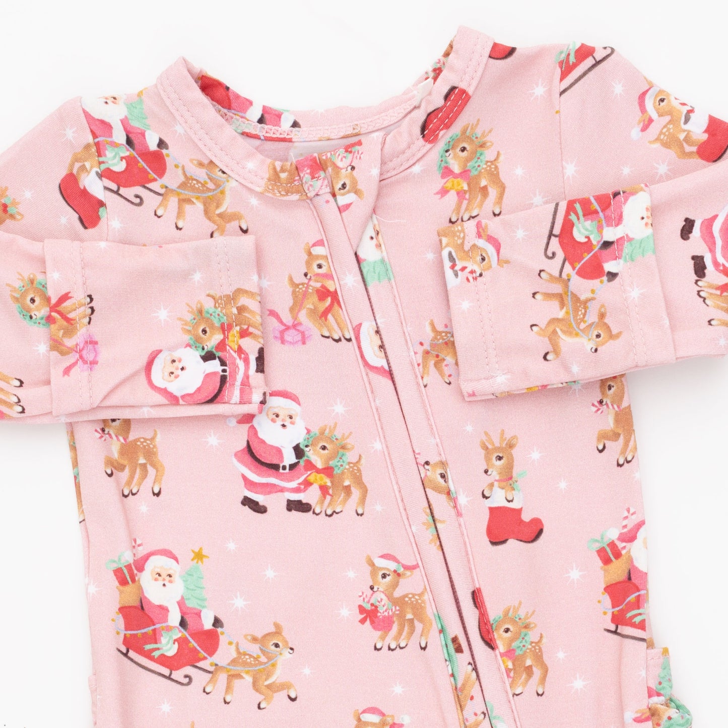 Vintage Reindeer & Santa Pink - 2 Way Ruffle Back Zipper Footie
