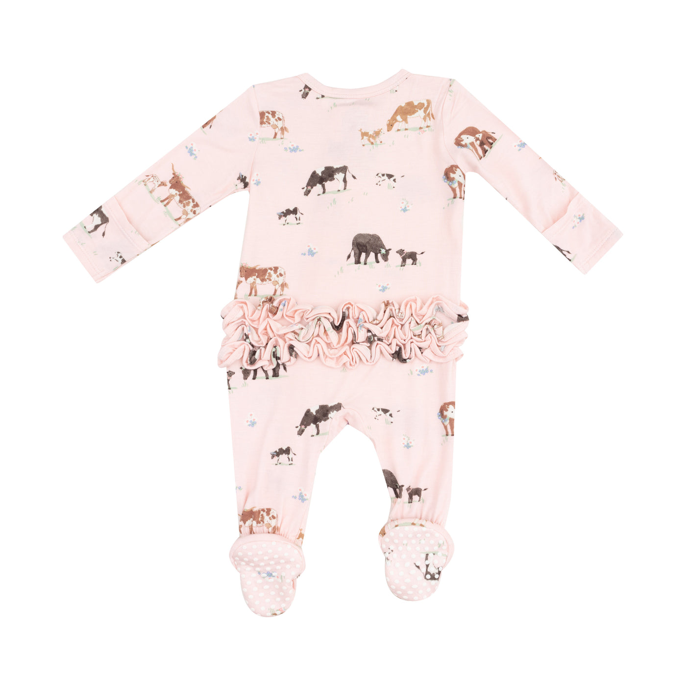 2 Way Zipper Ruffle Back Footie - Cow Families Pink