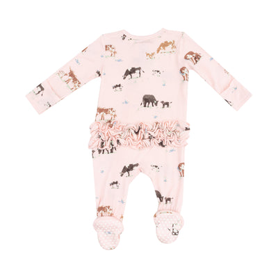 2 Way Zipper Ruffle Back Footie - Cow Families Pink