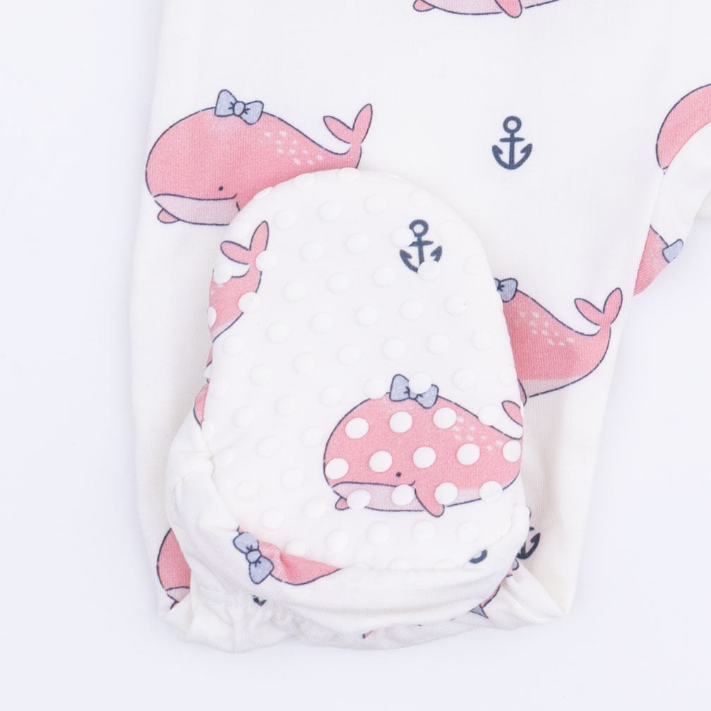 Bubbly Whale with Bow  Pink - 2 Way Ruffle Back Zipper Footie