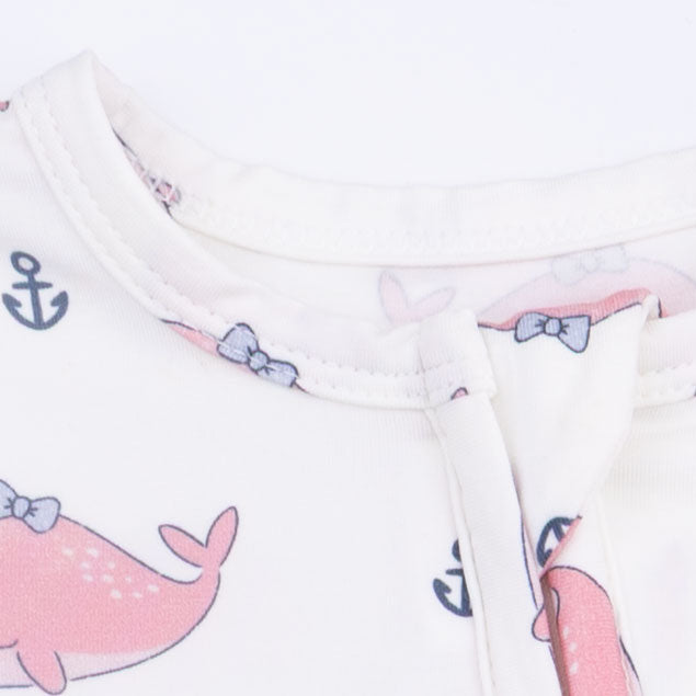 Bubbly Whale with Bow  Pink - 2 Way Ruffle Back Zipper Footie