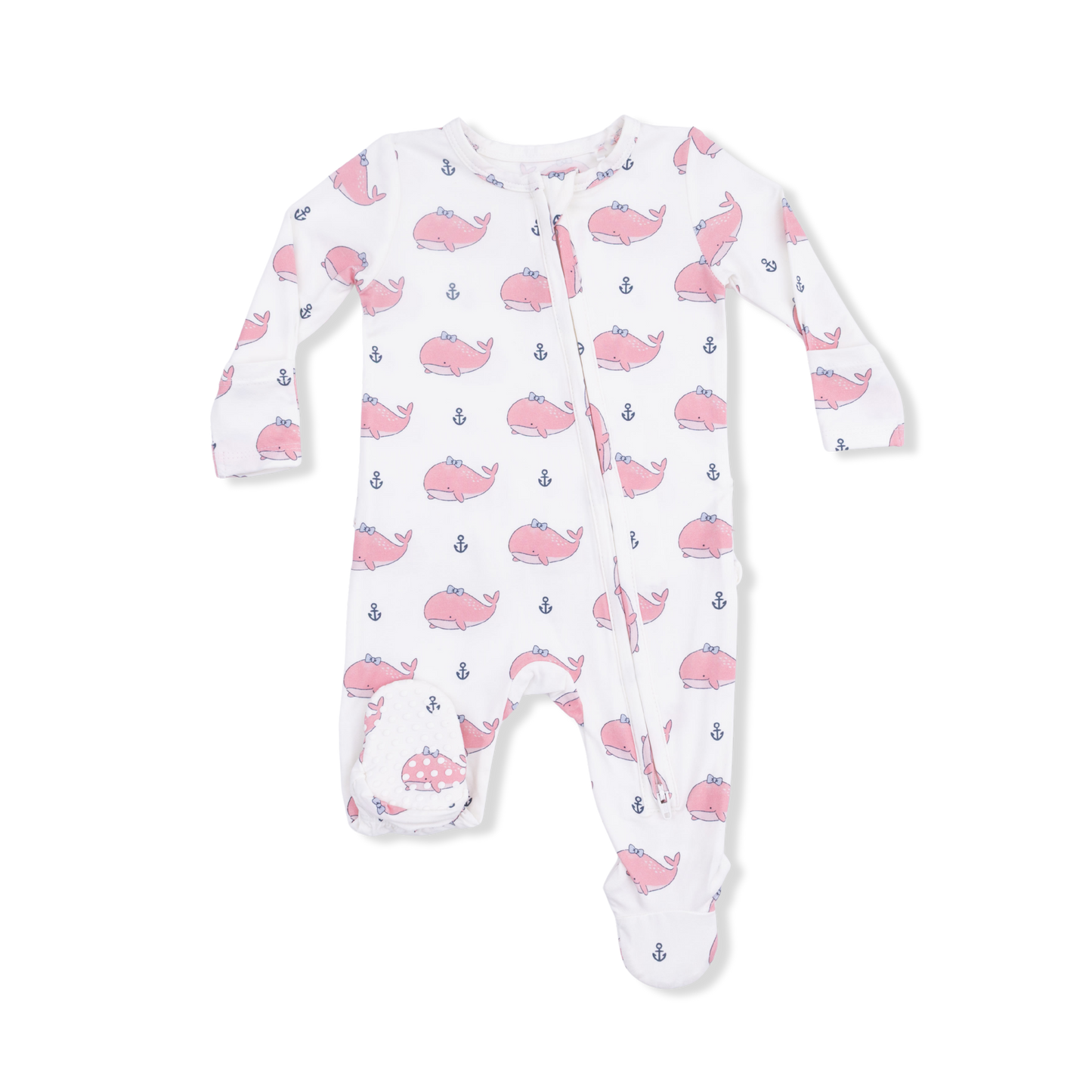 Bubbly Whale with Bow  Pink - 2 Way Ruffle Back Zipper Footie-Angel Dear
