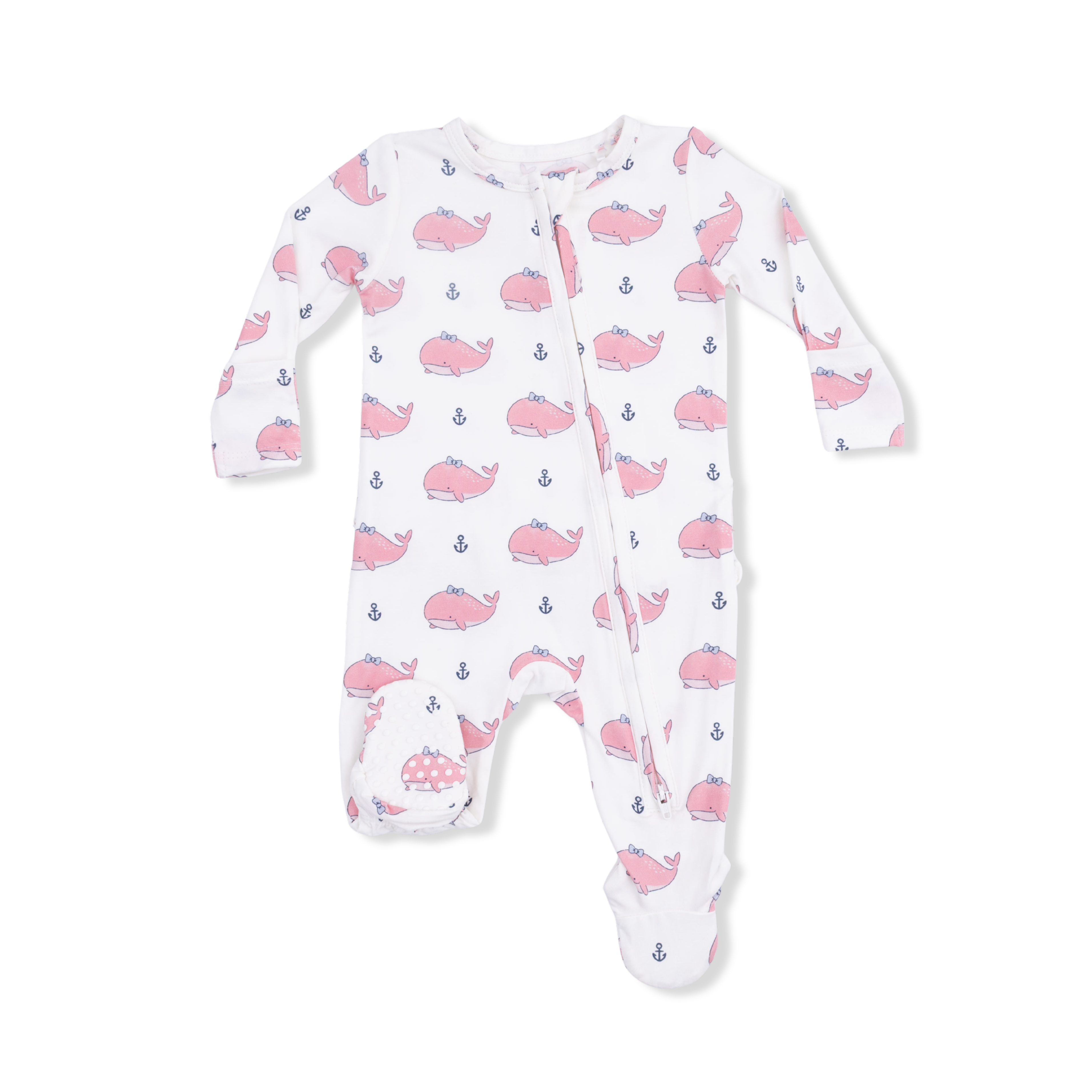 Bubbly Whale with Bow  Pink - 2 Way Ruffle Back Zipper Footie-Angel Dear