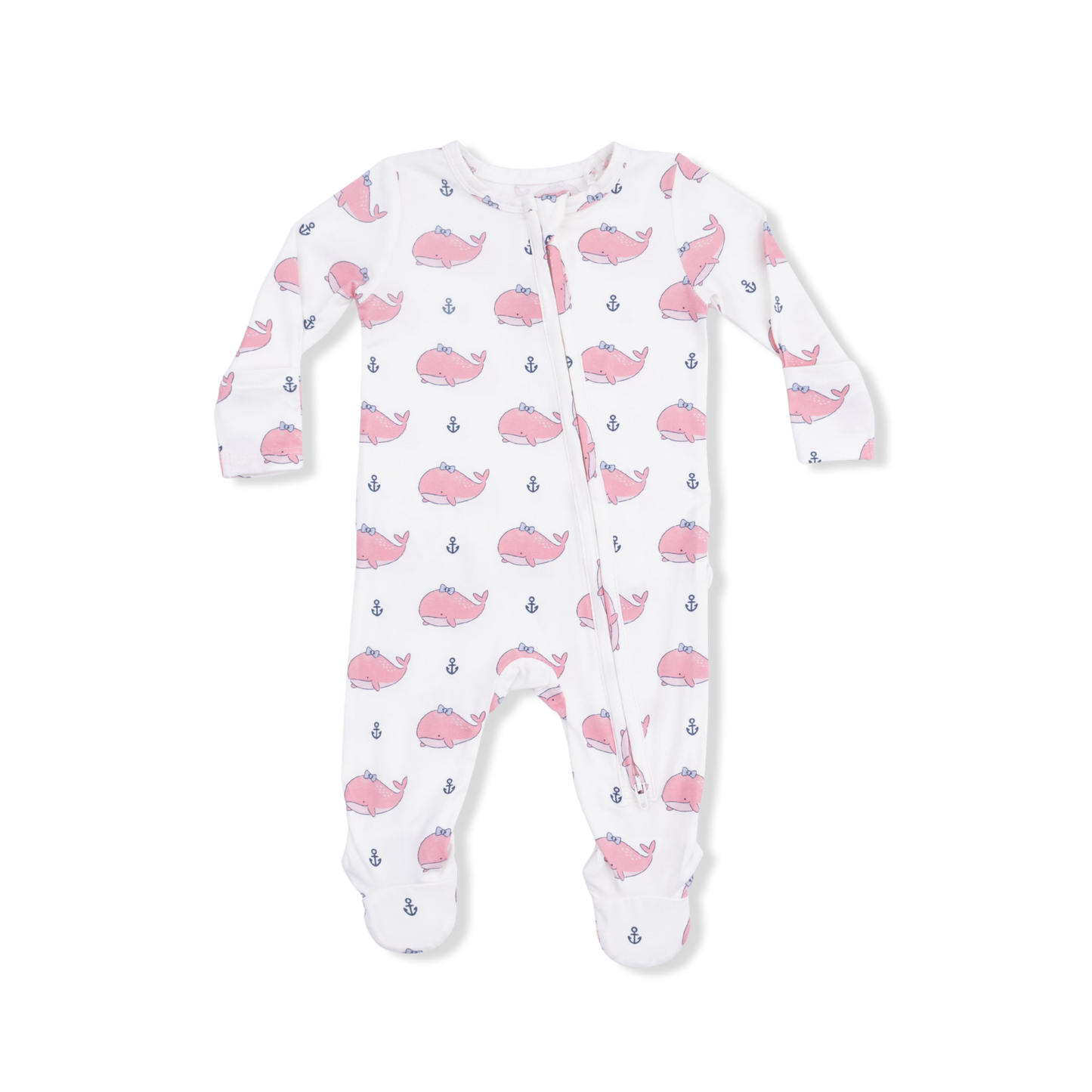 Bubbly Whale with Bow  Pink - 2 Way Ruffle Back Zipper Footie-Angel Dear