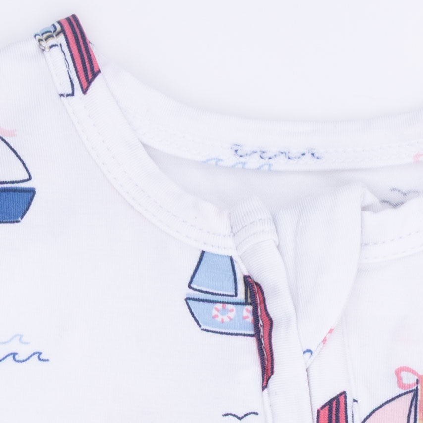 Bubbly Sailboats Pink - 2 Way Ruffle Back Zipper Footie