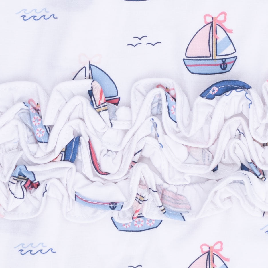 Bubbly Sailboats Pink - 2 Way Ruffle Back Zipper Footie