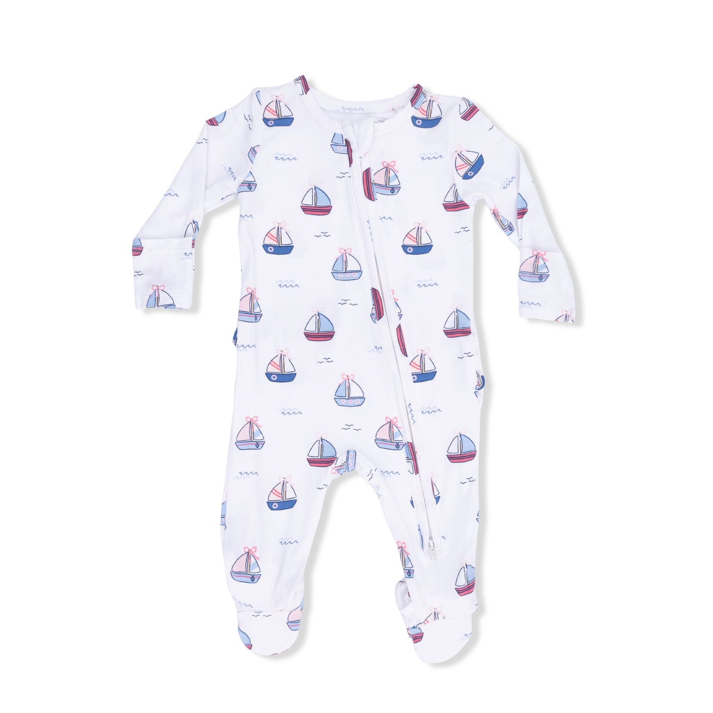 Bubbly Sailboats Pink - 2 Way Ruffle Back Zipper Footie-Angel Dear