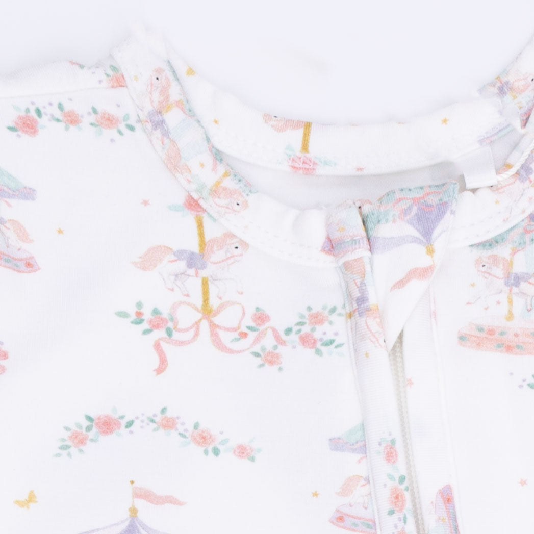 Carousel with Bows - 2 Way Ruffle Back Zipper Footie