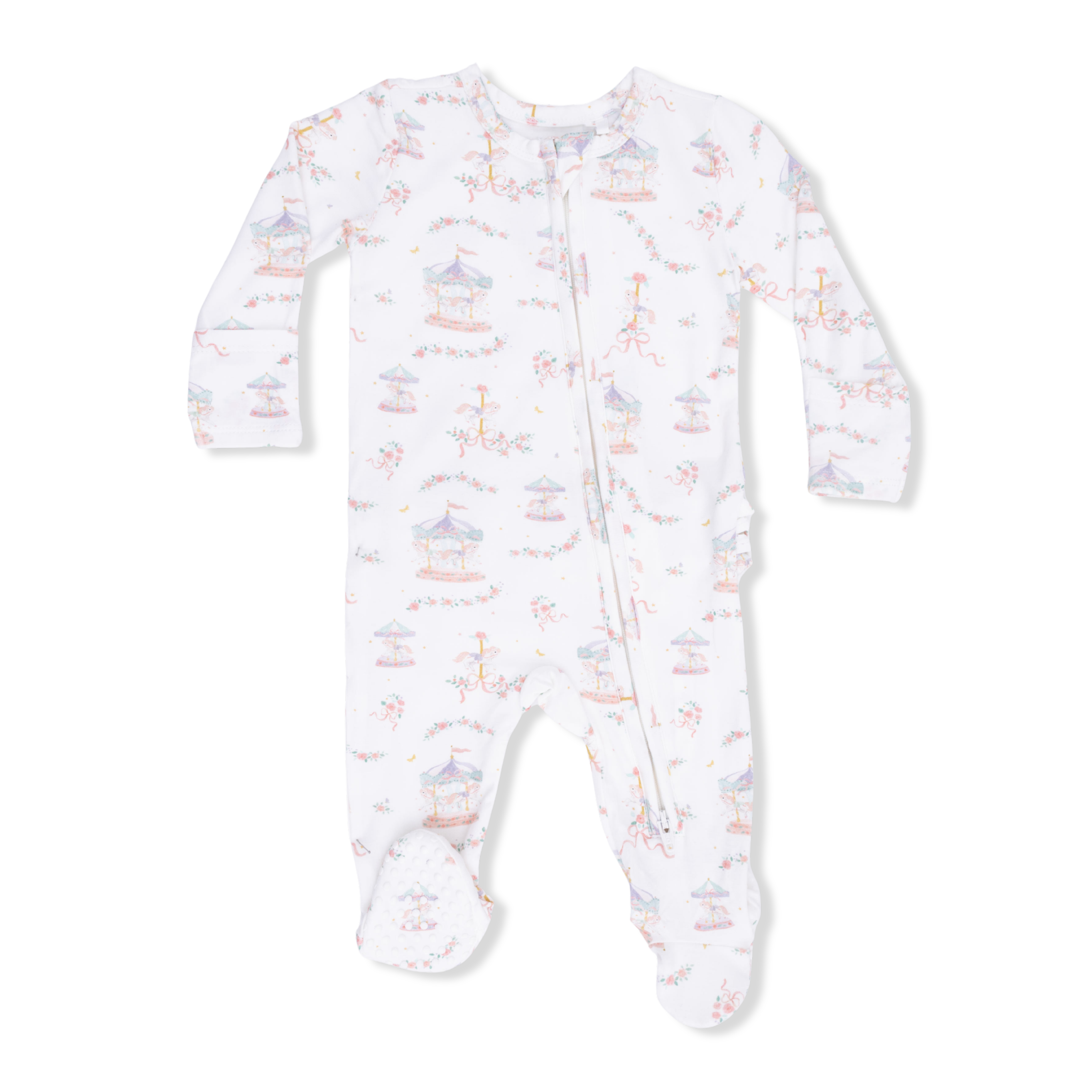 Carousel with Bows - 2 Way Ruffle Back Zipper Footie-Angel Dear