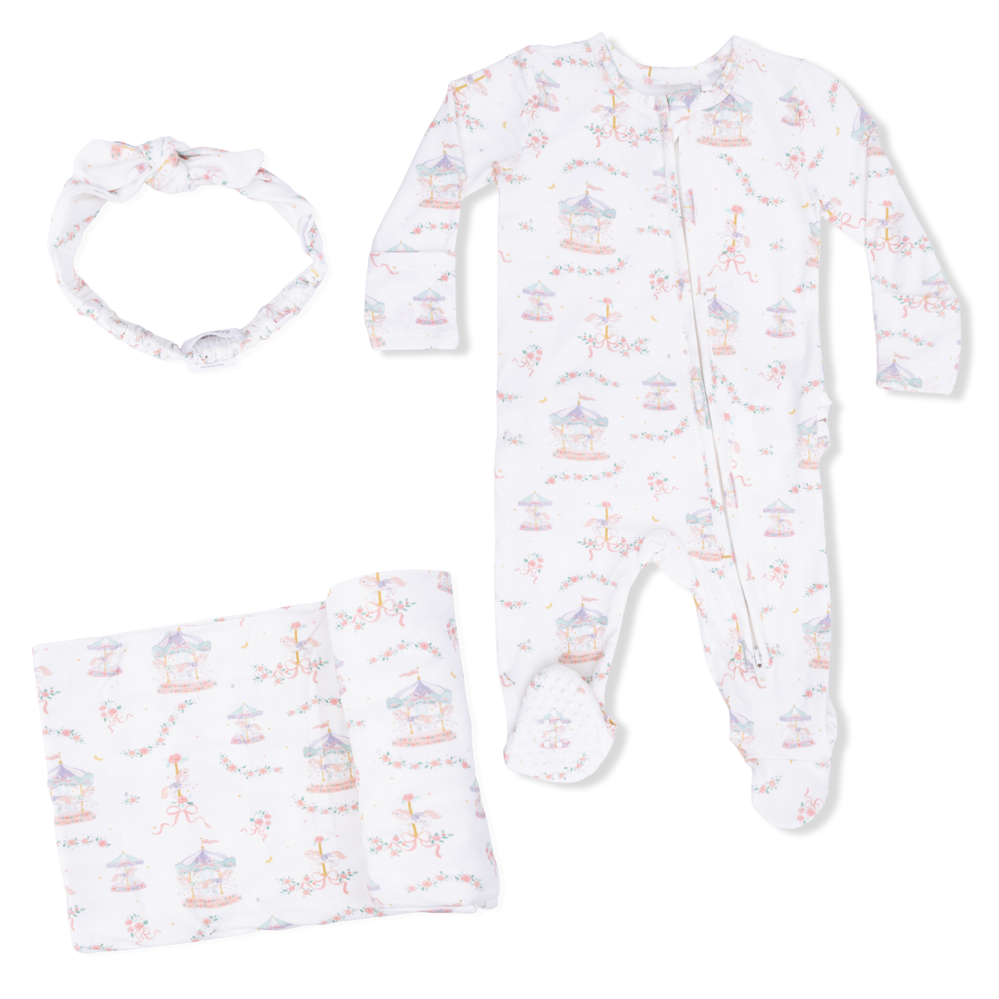 Carousel with Bows - 2 Way Ruffle Back Zipper Footie, Headband, & Swaddle Blanket Set-Angel Dear