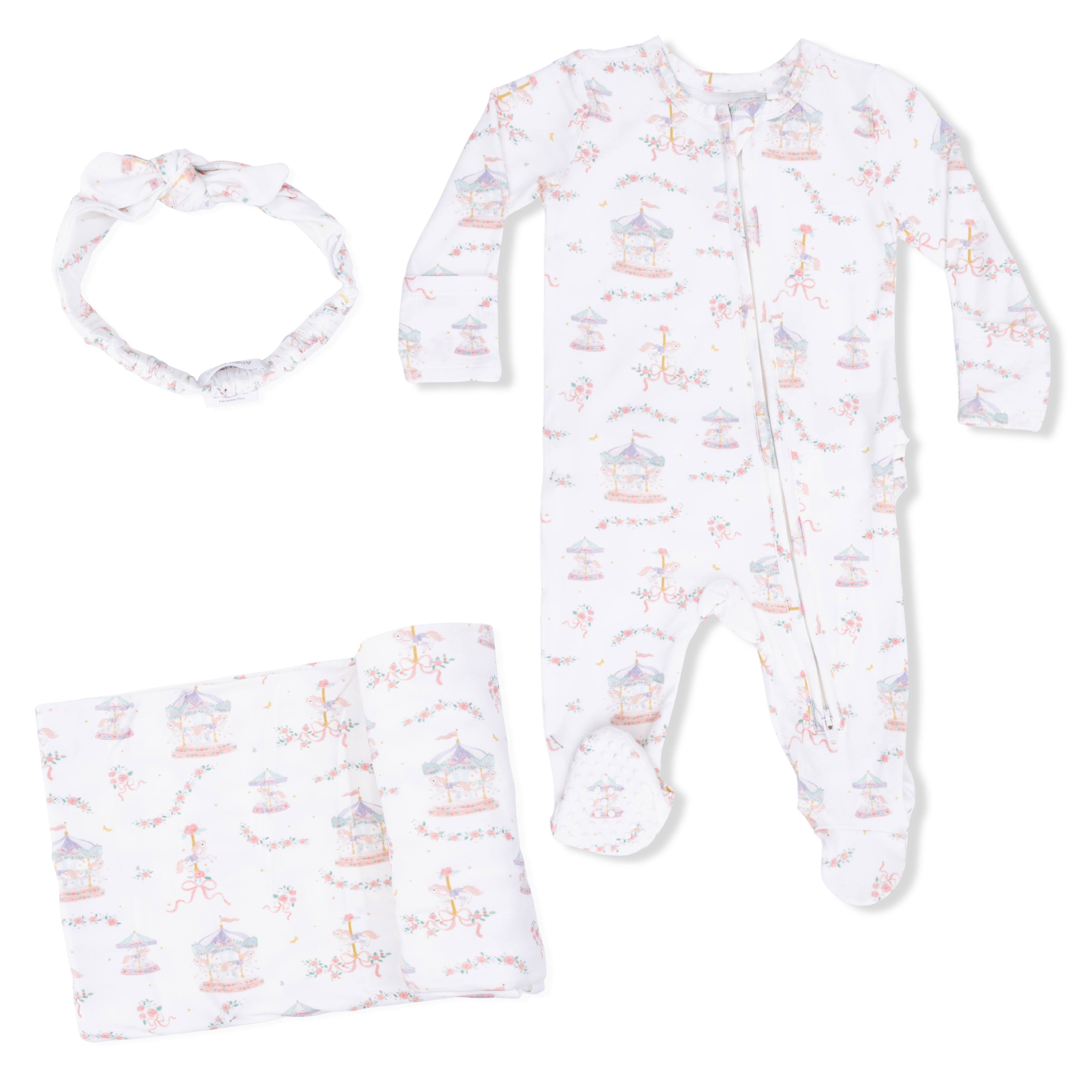 Carousel with Bows - 2 Way Ruffle Back Zipper Footie, Headband, & Swaddle Blanket Set-Angel Dear