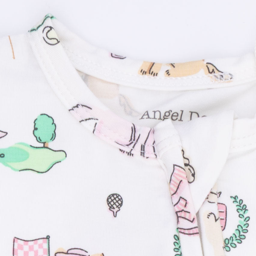 Country Club Dogs Pink - 2 Way Ruffle Back Zipper Footie-Angel Dear