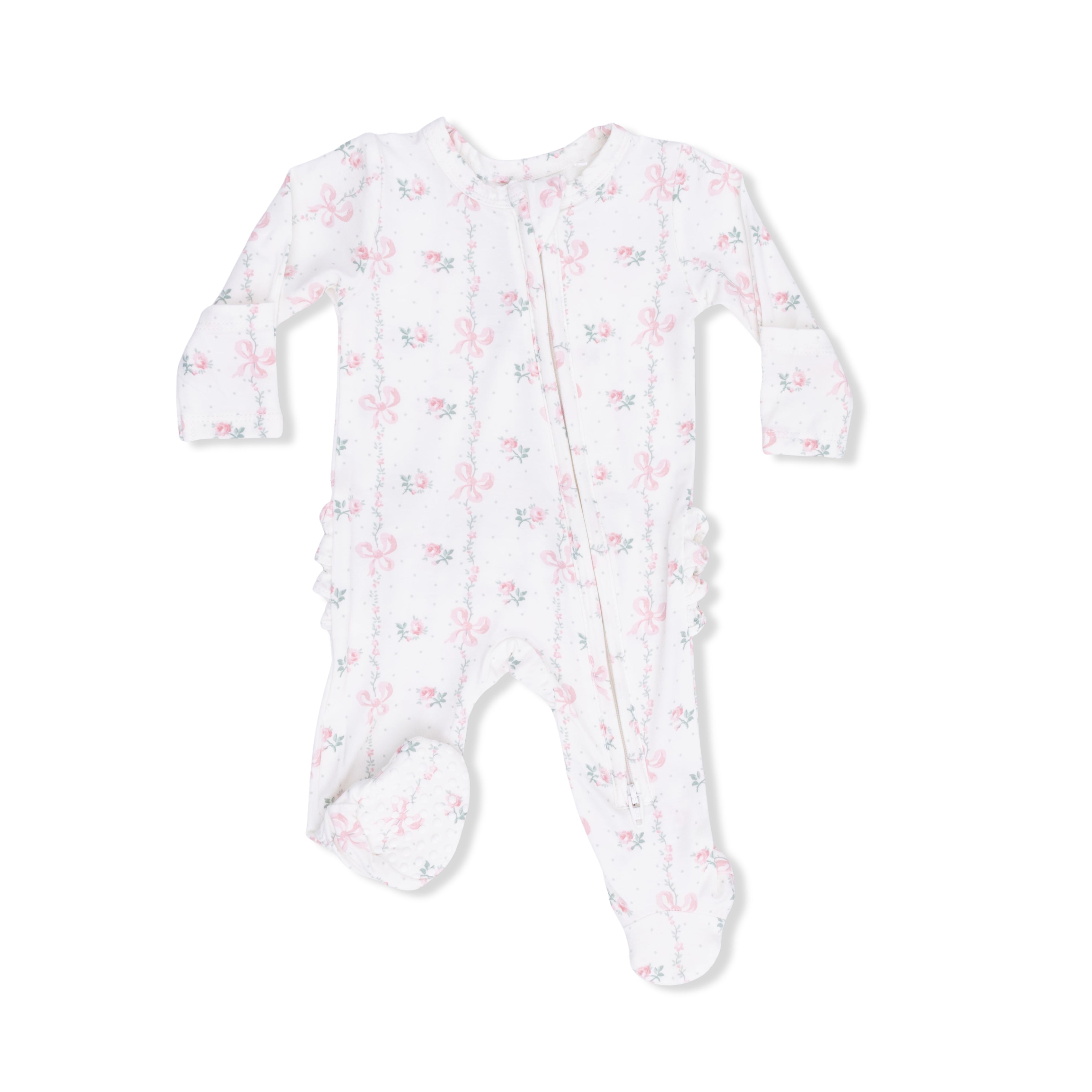 Dainty Buds and Bows - 2 Way Ruffle Back Zipper Footie-Angel Dear