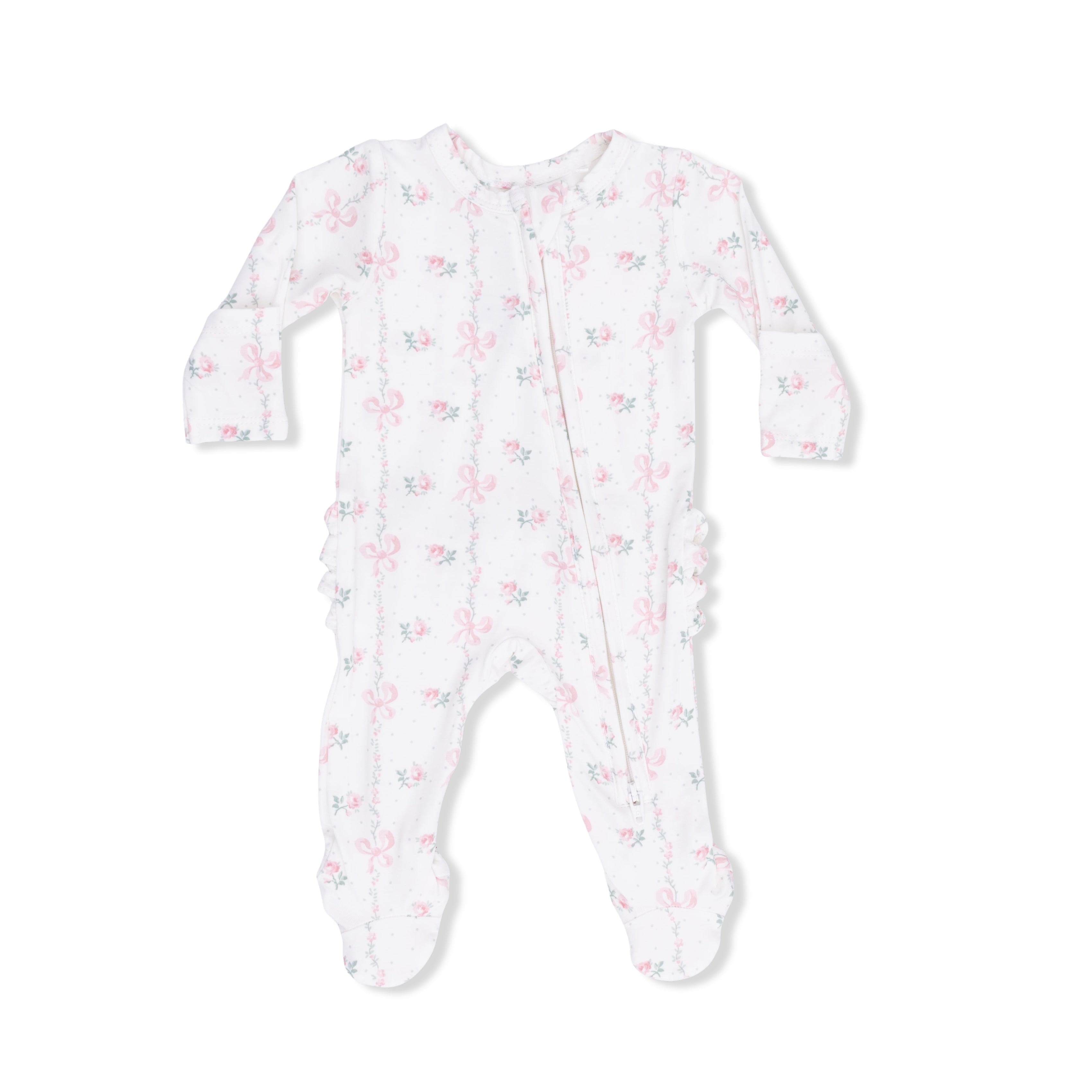 Dainty Buds and Bows - 2 Way Ruffle Back Zipper Footie-Angel Dear