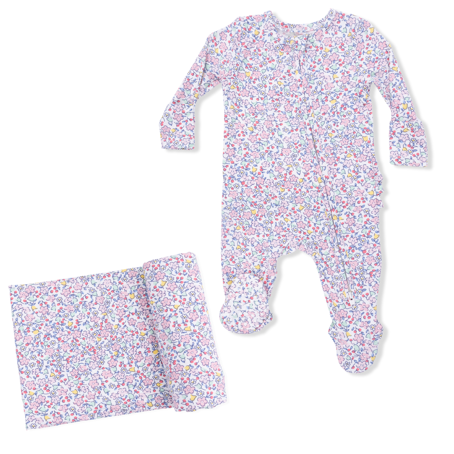 Elizabeth's Garden -2 Way Ruffle Back Zipper Footie & Swaddle Blanket Set-Angel Dear