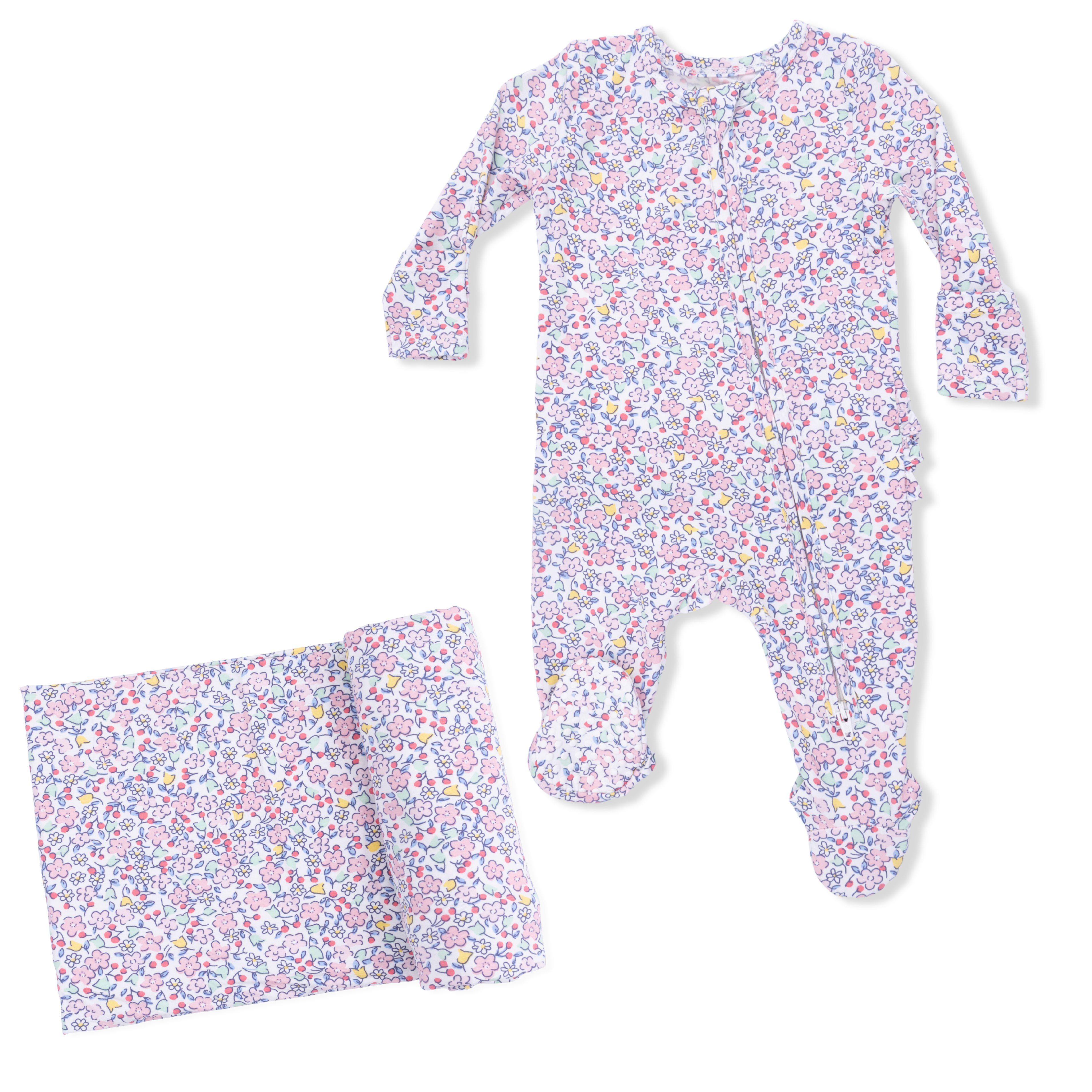 Elizabeth's Garden -2 Way Ruffle Back Zipper Footie & Swaddle Blanket Set-Angel Dear