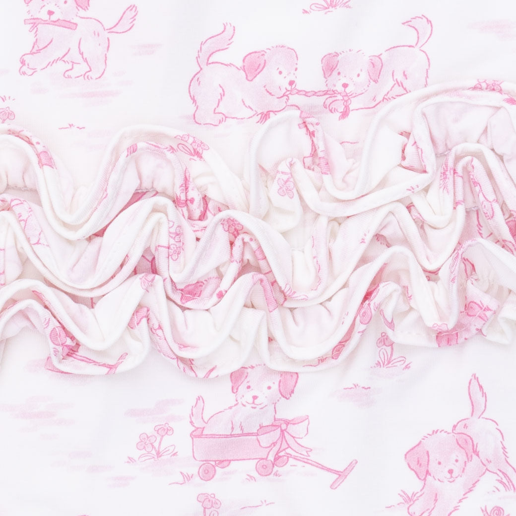 Puppy Toile Pink - 2 Way Ruffle Back Zipper Footie & Swaddle Blanket Set