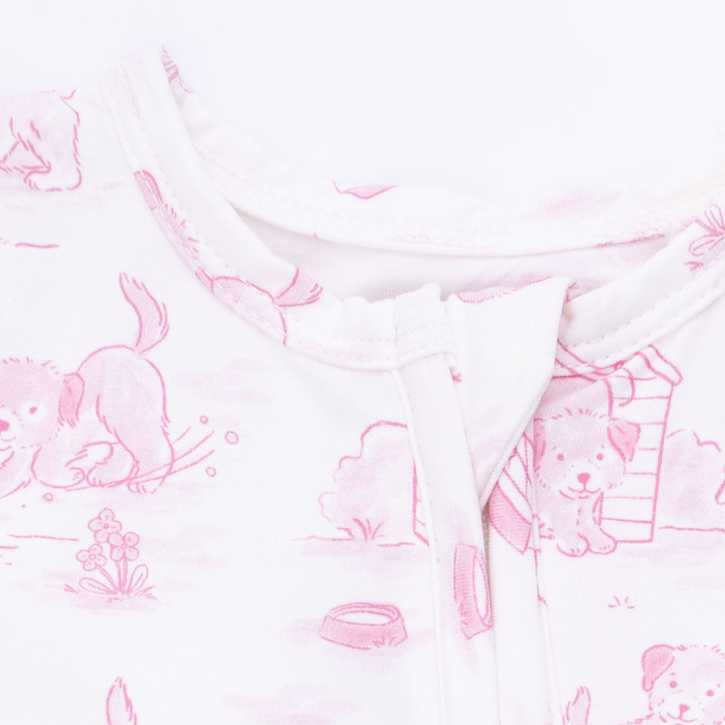 Puppy Toile Pink - 2 Way Ruffle Back Zipper Footie & Swaddle Blanket Set